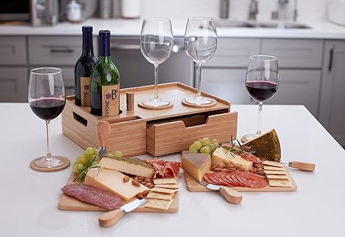Miniatura 3 de Mobilevision Bandeja de bambú para servir vino y queso con cajón para almacenamiento adicional, incluye posavasos, cuchillos de queso, tablas de