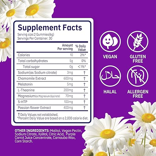 Miniatura 5 de Gomitas de melatonina con manzanilla (5 mg, 60 unidades)  Veganas, sin OMG, sin gluten, apoya el ciclo de sueño saludable y noches relajantes, sabor