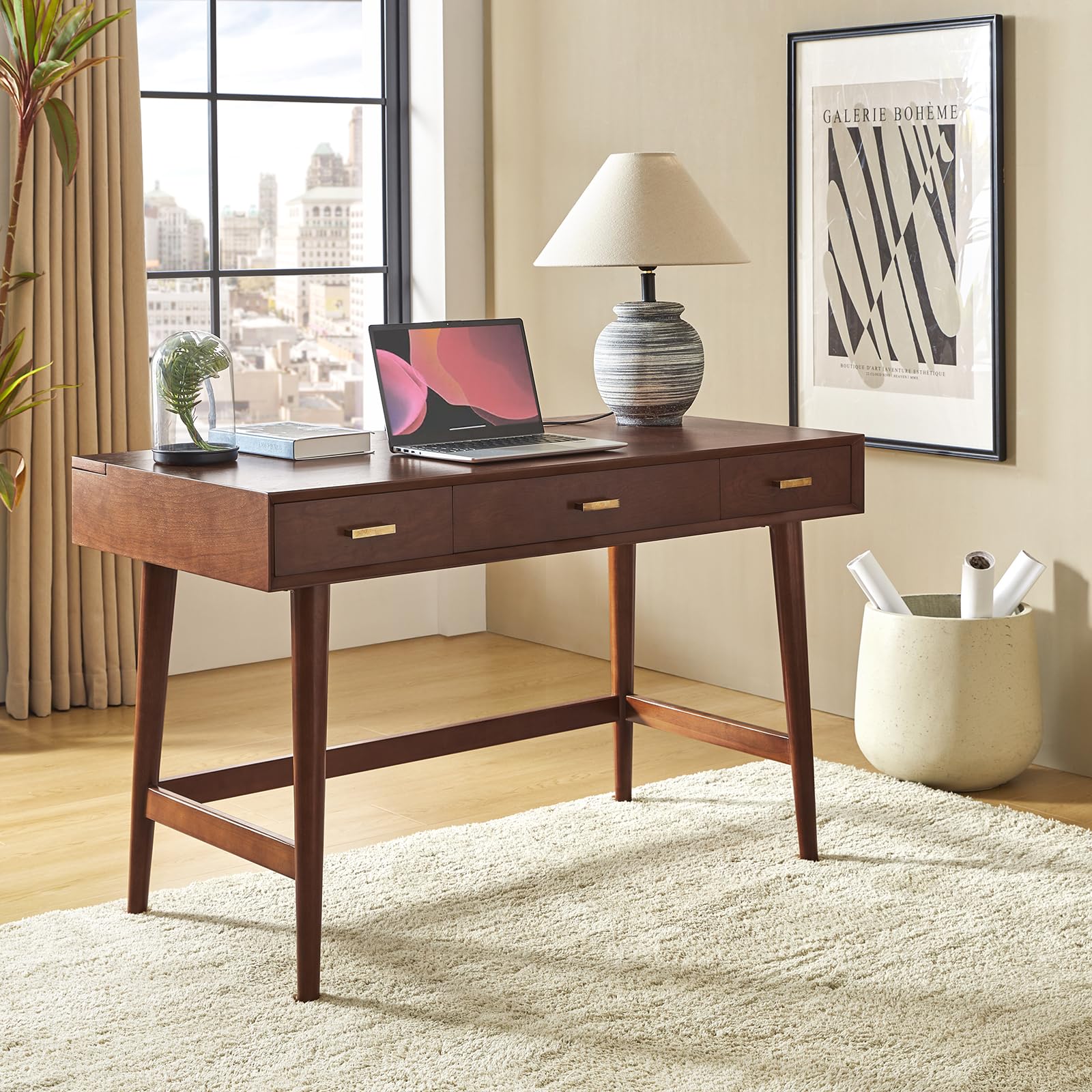 HULALA HOME 47" Writing Desk with 3 Drawers, Wood Office Desk with USB Charging Staion, Vintage Office Desk with Cable Management(Walnut)