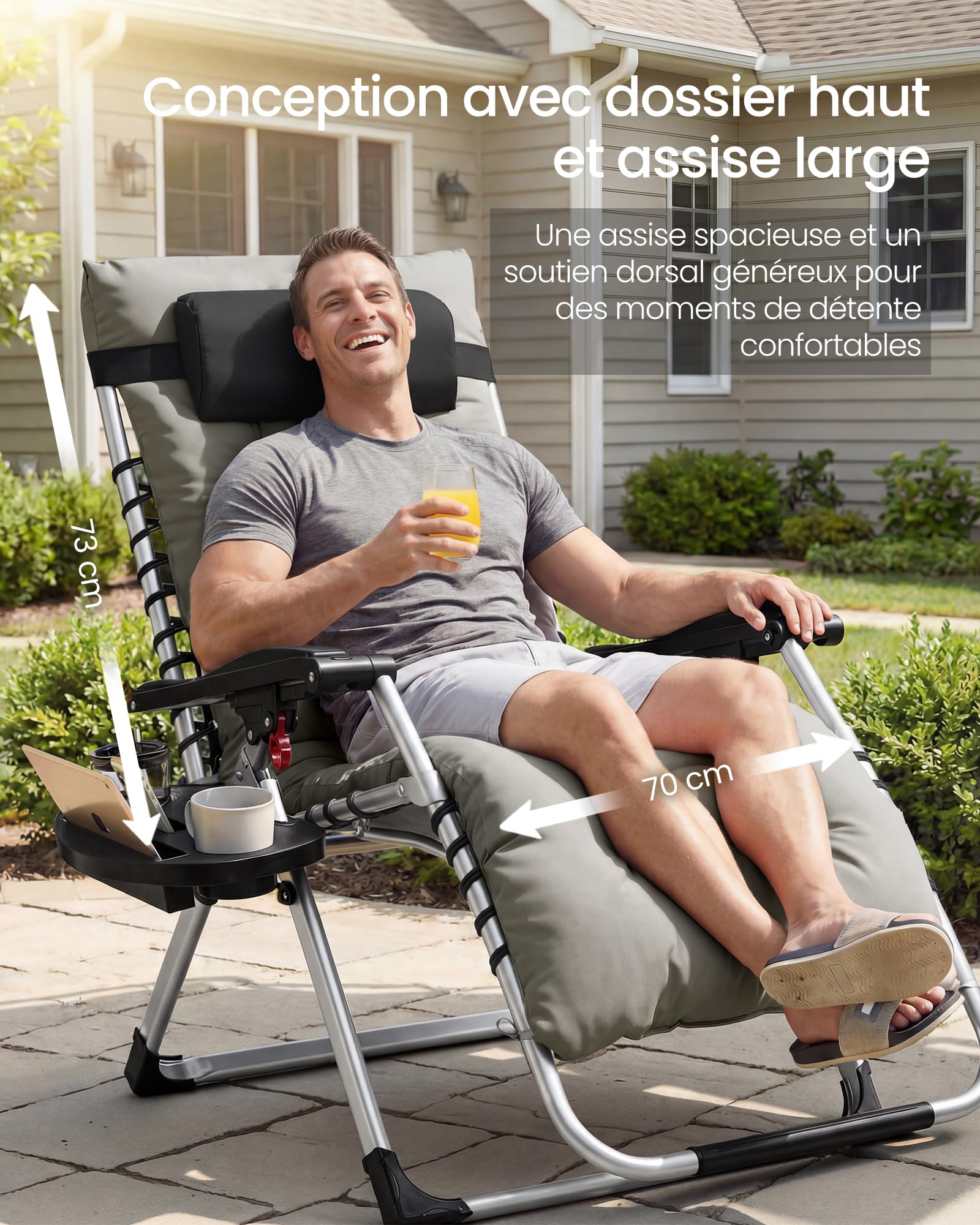 SONGMICS Chaise Longue Pliante, Chaise de Gravité Zéro avec Coussin Amovible, Structure en Acier, Supporte Jusqu'à 110 kg, Appui-Tête Réglable, Sac, Plateau, pour Jardin, Balcon, Gris Clair GLB040GZ04