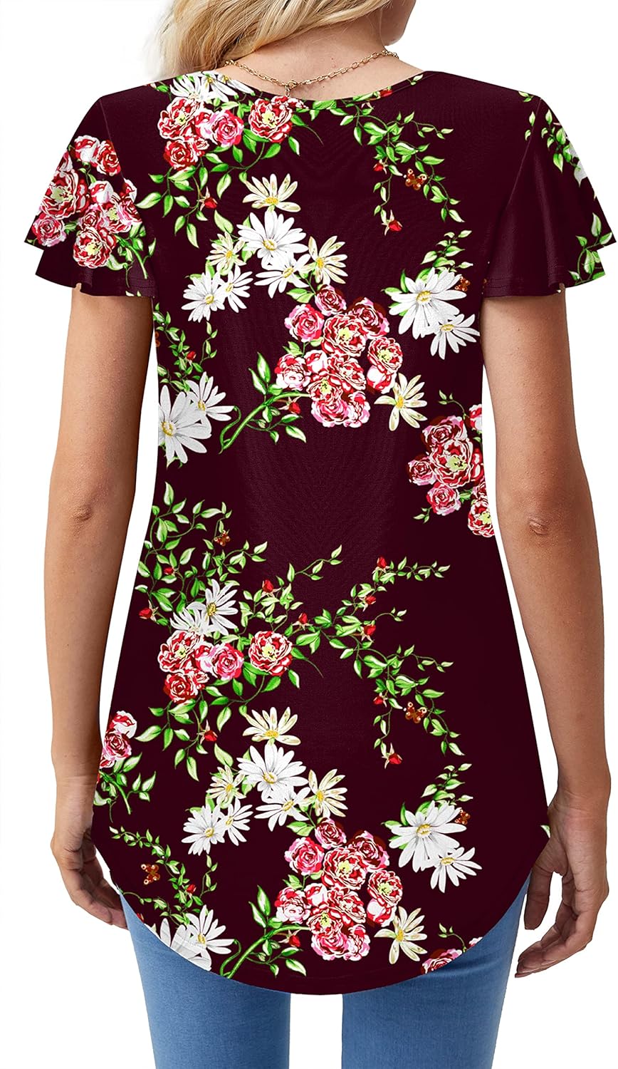 Askyes Womens Summer Tops 2023 Knit Shirts Casual Ruffle Short Sleeve V Neck Tunic Top Loose Blouse T Shirts Tunics For Women - Image 5