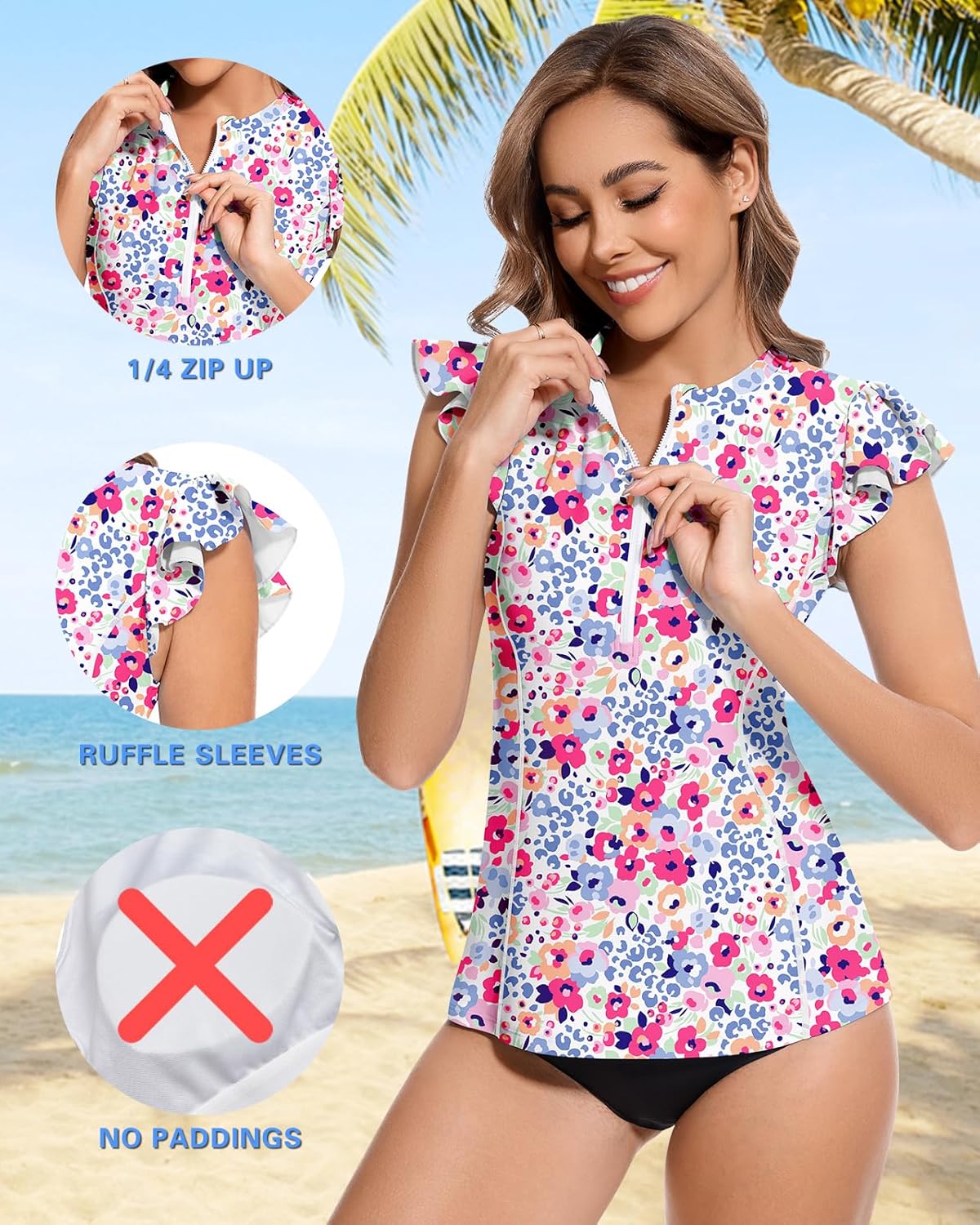 WOWENY Women’s Swim Shirts Rash Guard UPF 50 Sun Protection Zipper Tankini Tops Ruffle Sleeve Bathing Suit No Bottom - Image 6