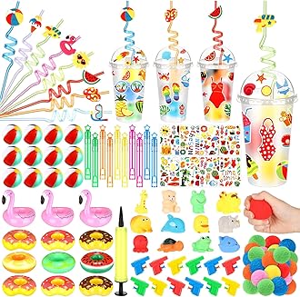 109 Pcs Summer Swimming Pool Party Favor Straw Sticker Pinch Inflatable Coasters Water Ball Bubble Wand Water Gun Absorbent Ball Plastic Cup for Summer End of The Year Party Supplies