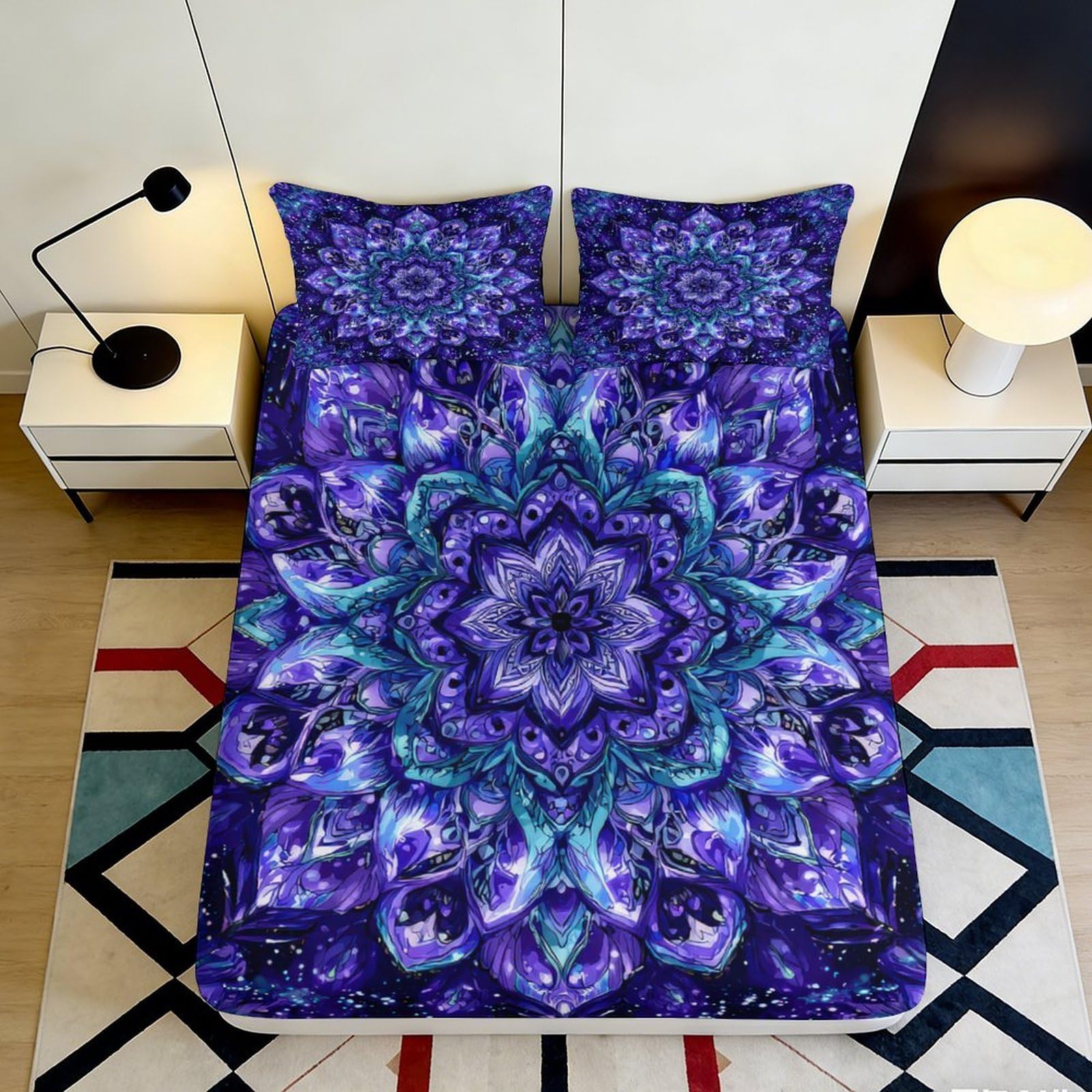 3D Printed Mandala Fitted Sheet Microfiber Deep Pocket Bedroom Bedding Mandala Mattress Fitted Cover Washable 200x200x25cm