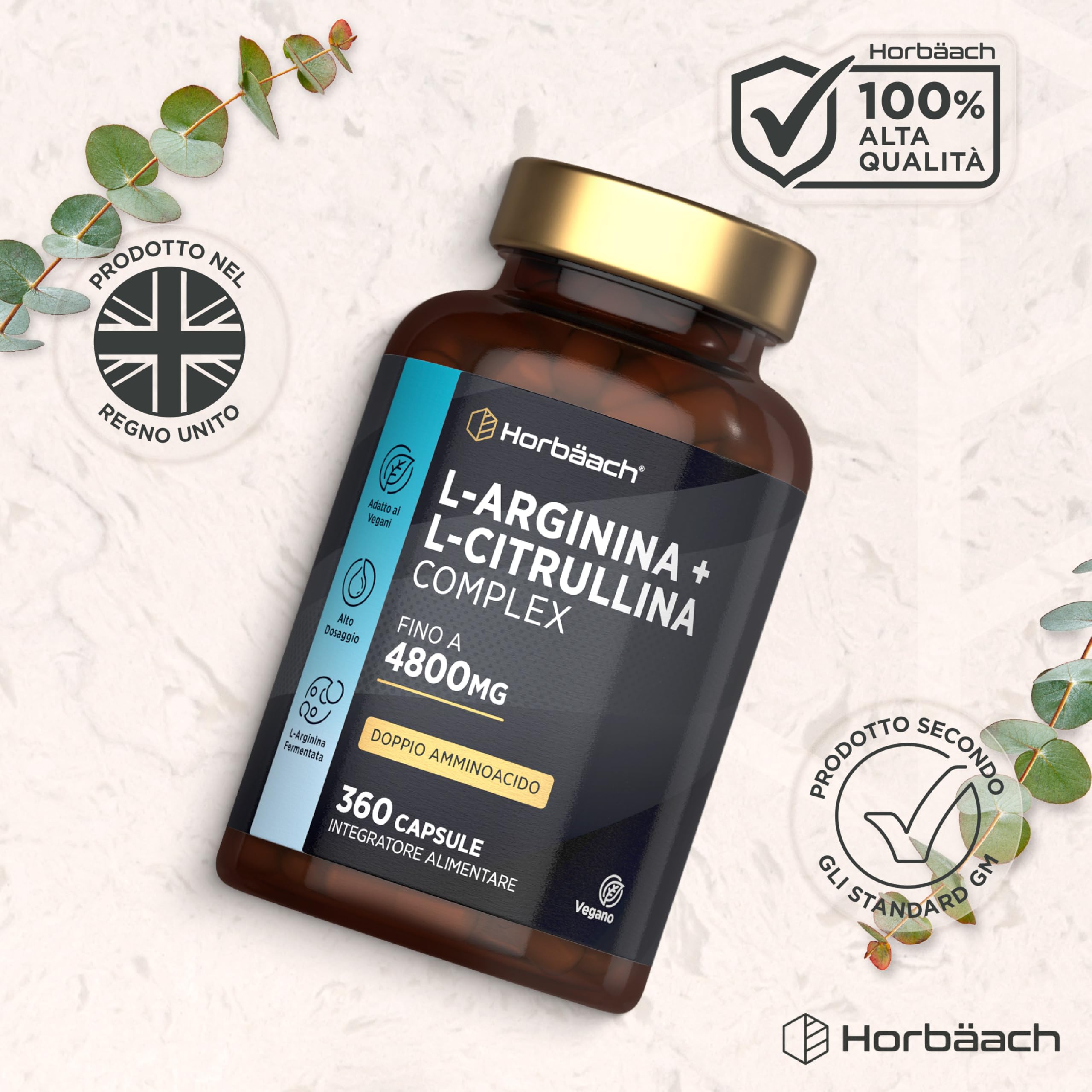 L Arginina e Citrullina 4800mg | 360 Vegano Capsules | Complesso di amminoacidi | Arginina Citrullina | Horbaach