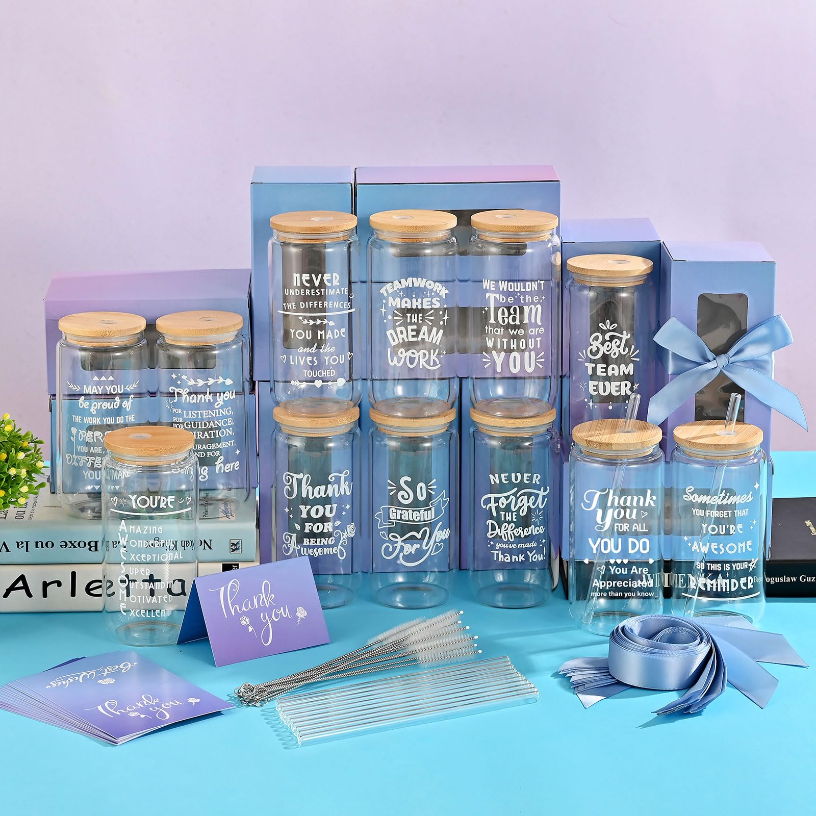 12 Set Employee Appreciation Gifts Bulk, Personalized Inspirational Thank You Gifts for Graduation Season Coworker 16 oz Can Shaped Beer Glass Cups, Gift Box & Card for Team Women Men Teacher