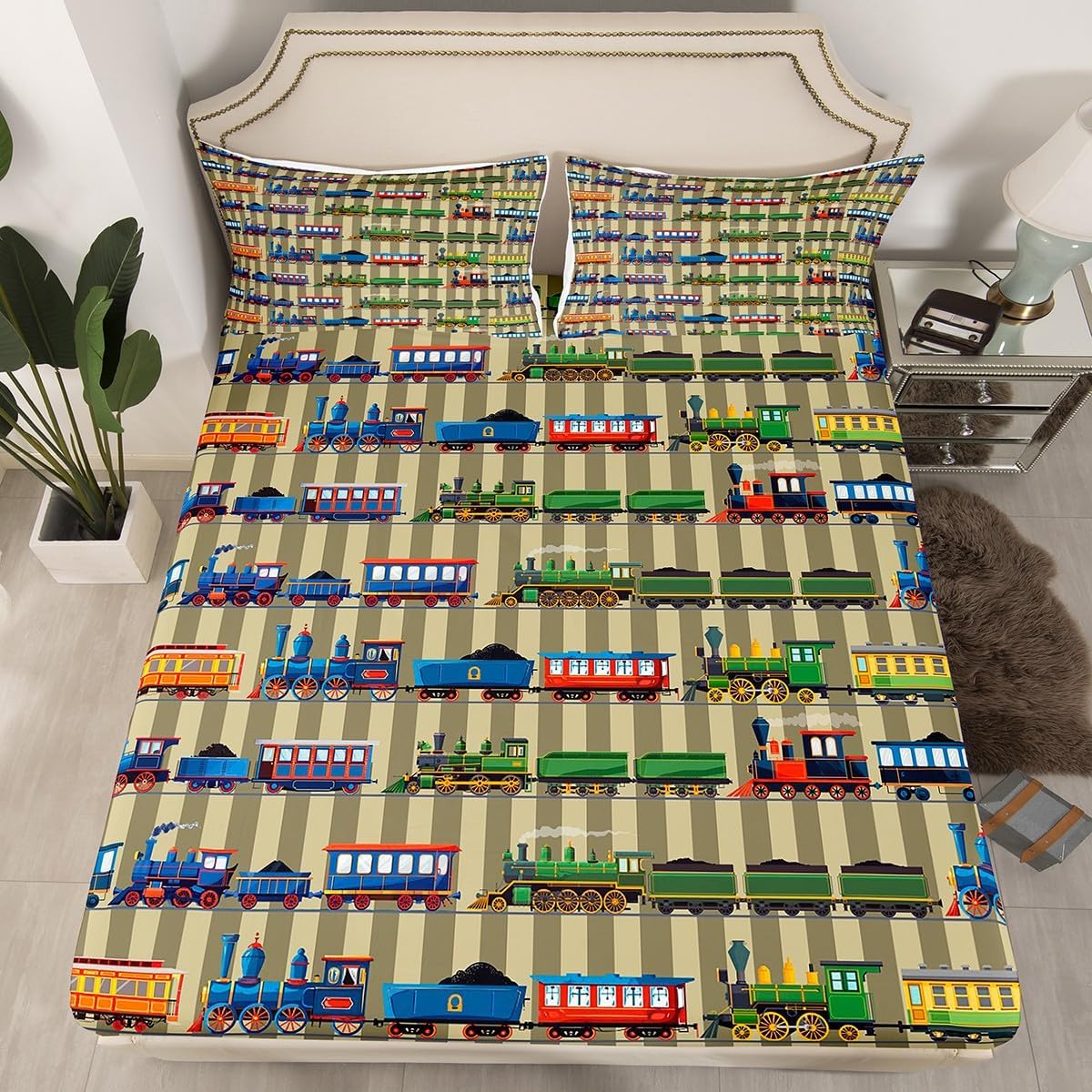 Castle Fairy Kids Train Bed Sheet Set Twin for Youth Boys,Colorful Steam Engine Train Fitted Sheet,Girls Toddler Train Transportation Bedding Set 3Pcs (1 Fitted Sheet+1 Flat Sheet+1 Pillowcase)