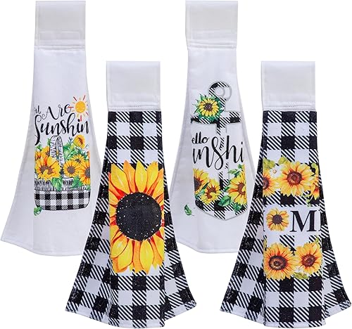 Mayler Yee Juego de 4 toallas de cocina colgantes con girasol y búfalo a cuadros, toallas de mano con velcro para cocina, baño, decoración de