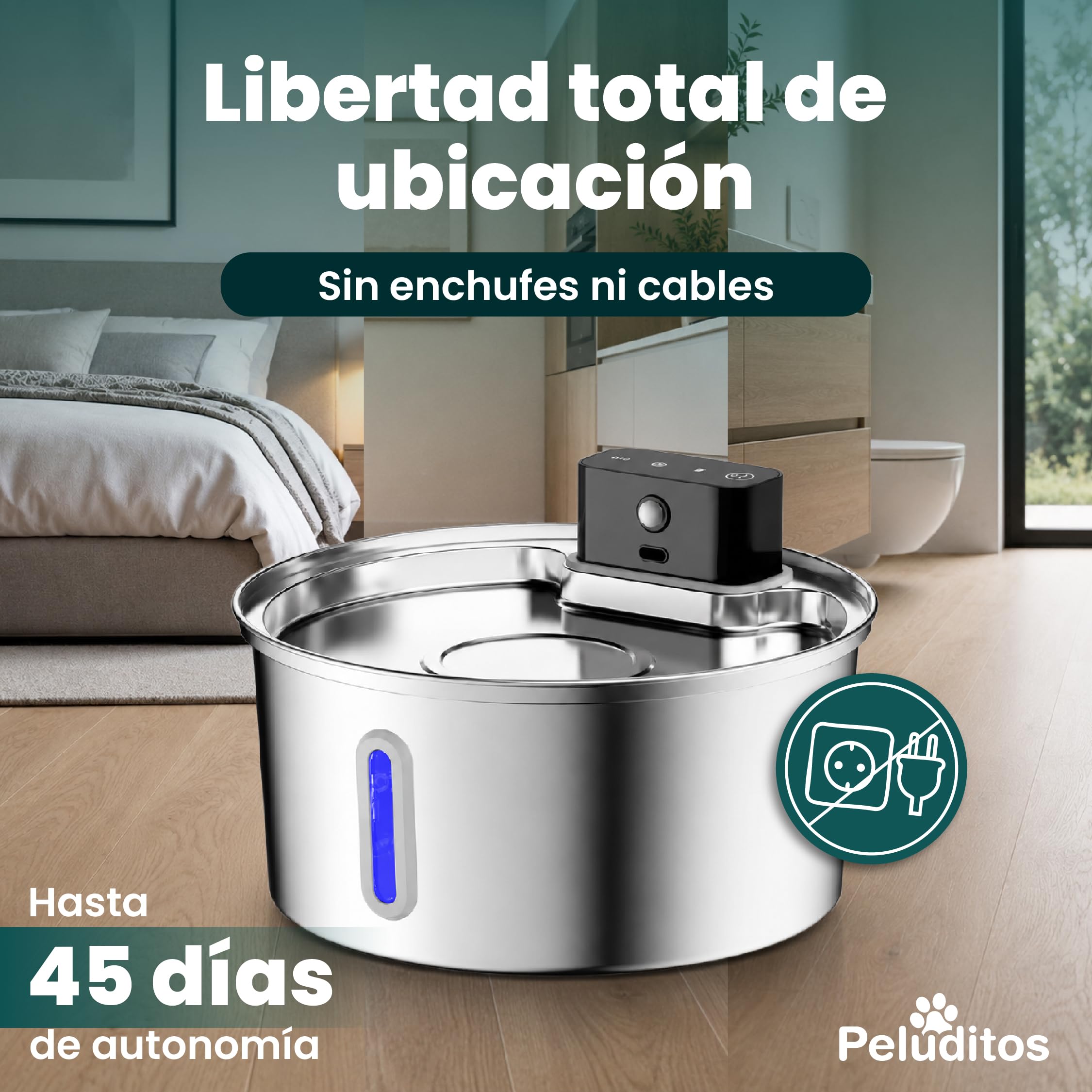 Peluditos SUS304 - Fontana per gatti in acciaio inox, 2,5 l, senza cavo, ricaricabile, 4200 mAh, con sensore di movimento, fontana d'acqua per gatti e cani, ultra silenziosa