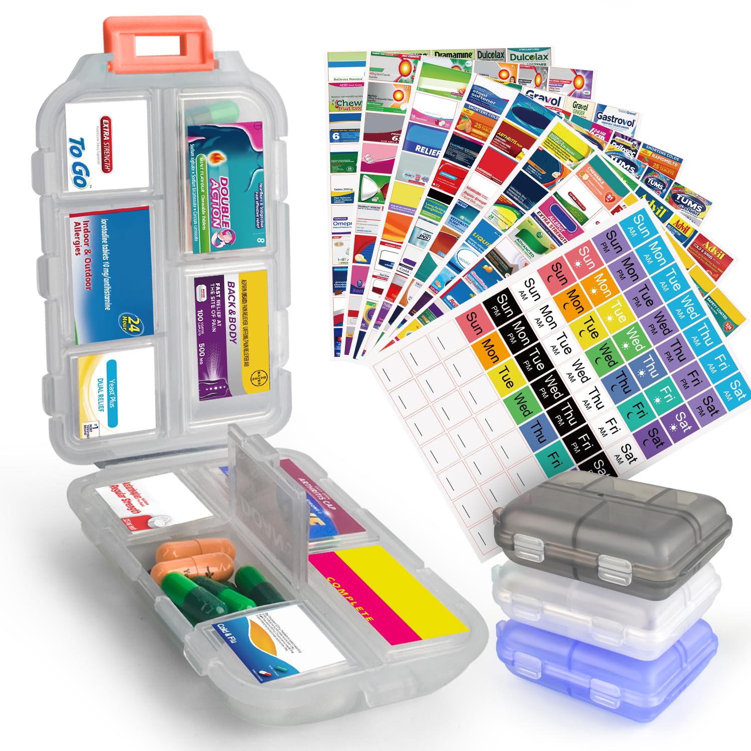 CAPHONT 3 Pcs DIY Travel Pill Organizer with Labels Pocket Pharmacy, 3 Pill Box & 420 Medicine Labels, Portable Travel Essentials Mini Pill Container 7 Day Pill Case Storage Vitamin Fish Oil (Set A)