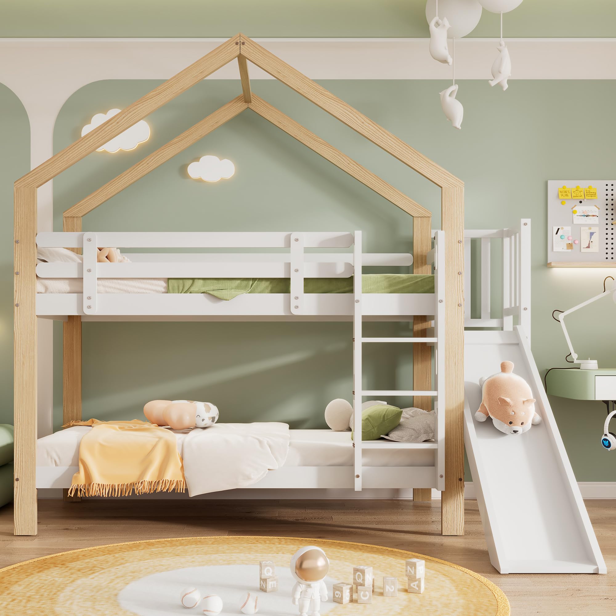 Letto a castello con scivolo e scala angolare a tre pioli, letto con protezione anticaduta, letto per bambini, telaio in legno massello, bianco+colore naturale, 90 x 200cm (Senza cassetto)