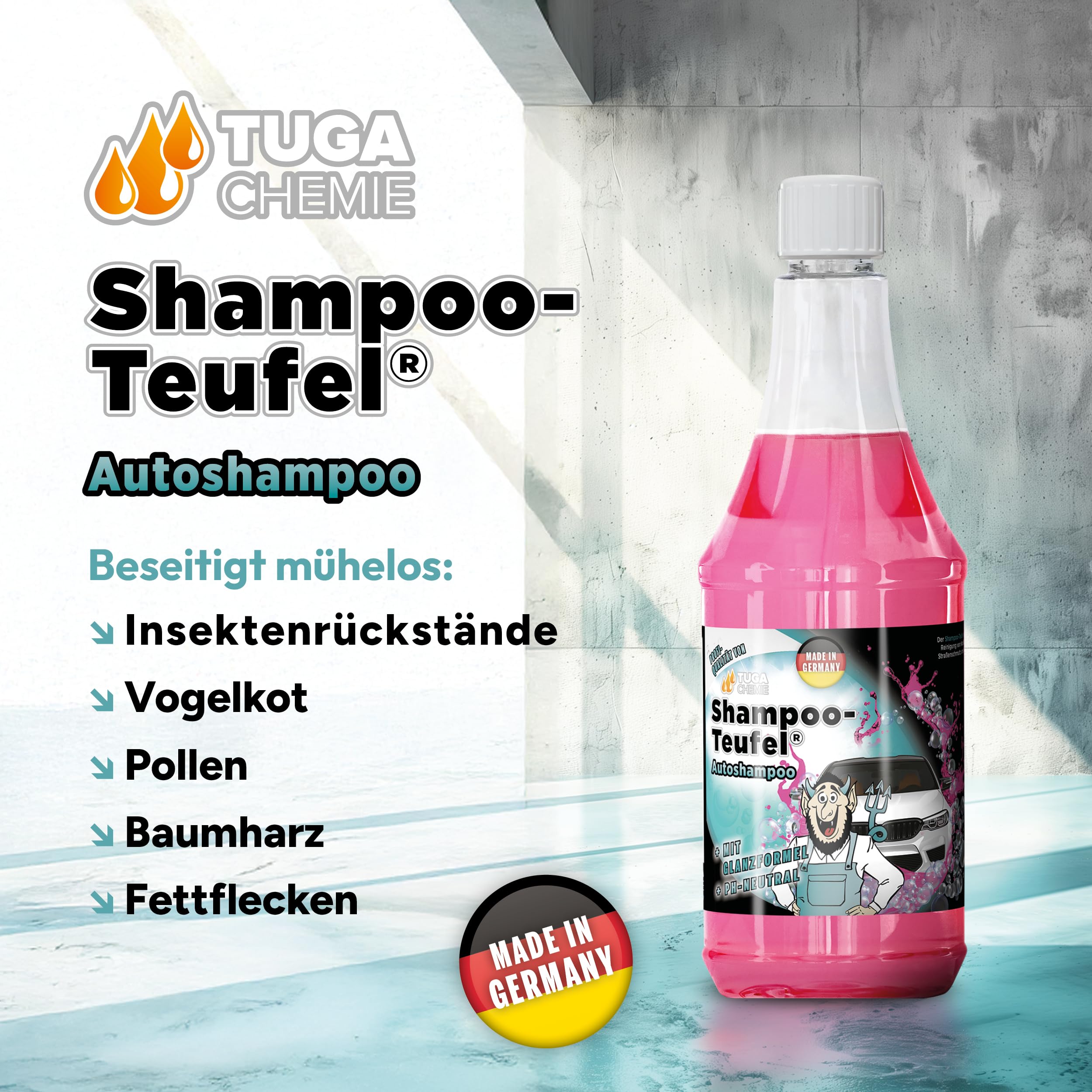 TUGA Chemie Shampoo-Teufel Autoshampoo Konzentrat Lackschonend 5L Kanister | Auto Shampoo für Glanz & Pflege, Für Handwäsche & Schaumlanze, Made in Germany