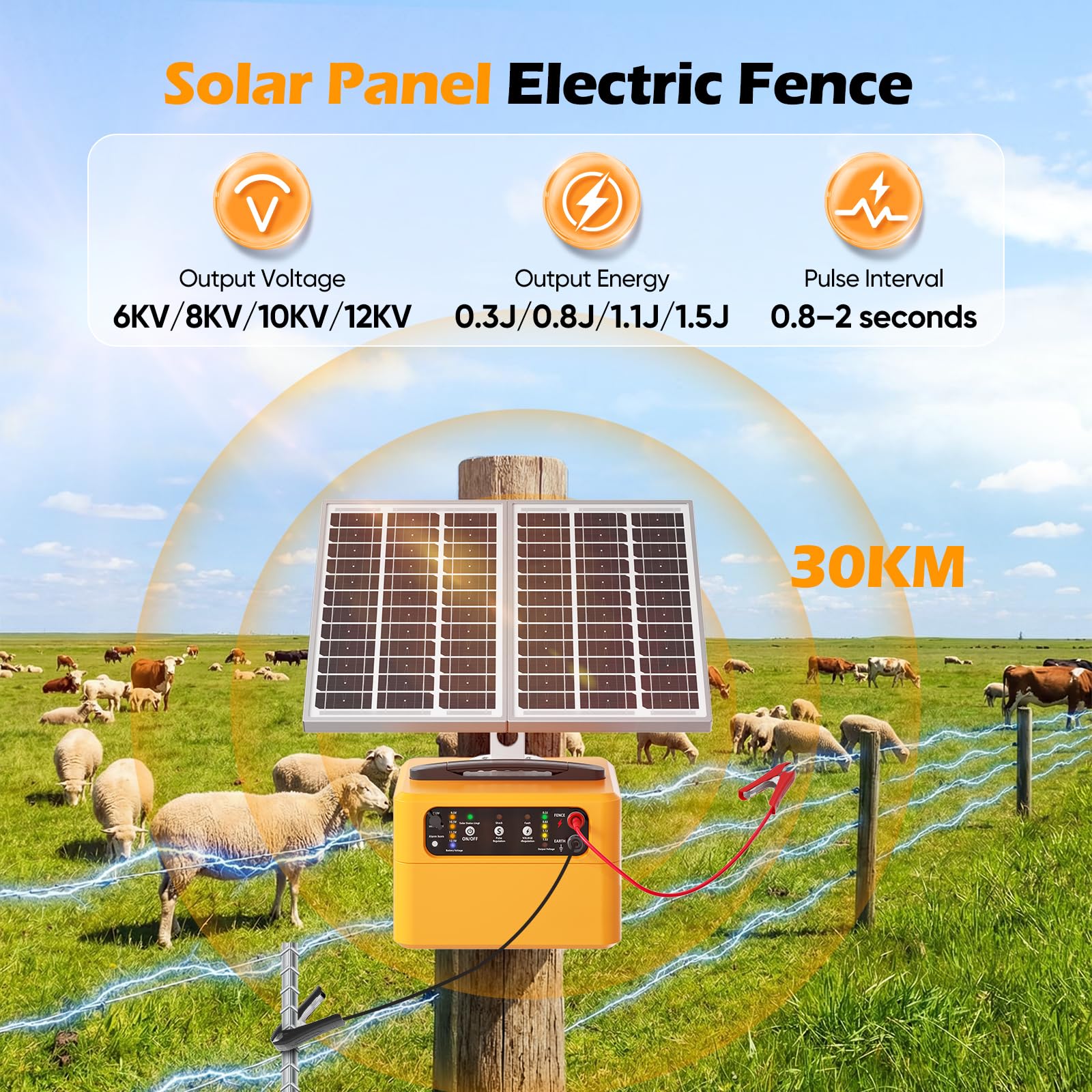Caricatore solare per recinzione elettrica da 30 km, kit recinzione elettrica regolabile da 0,3 a 1,5 joule con pannello solare da 15 W/batteria da 7 Ah, portatile con uscita fino a 12 kV