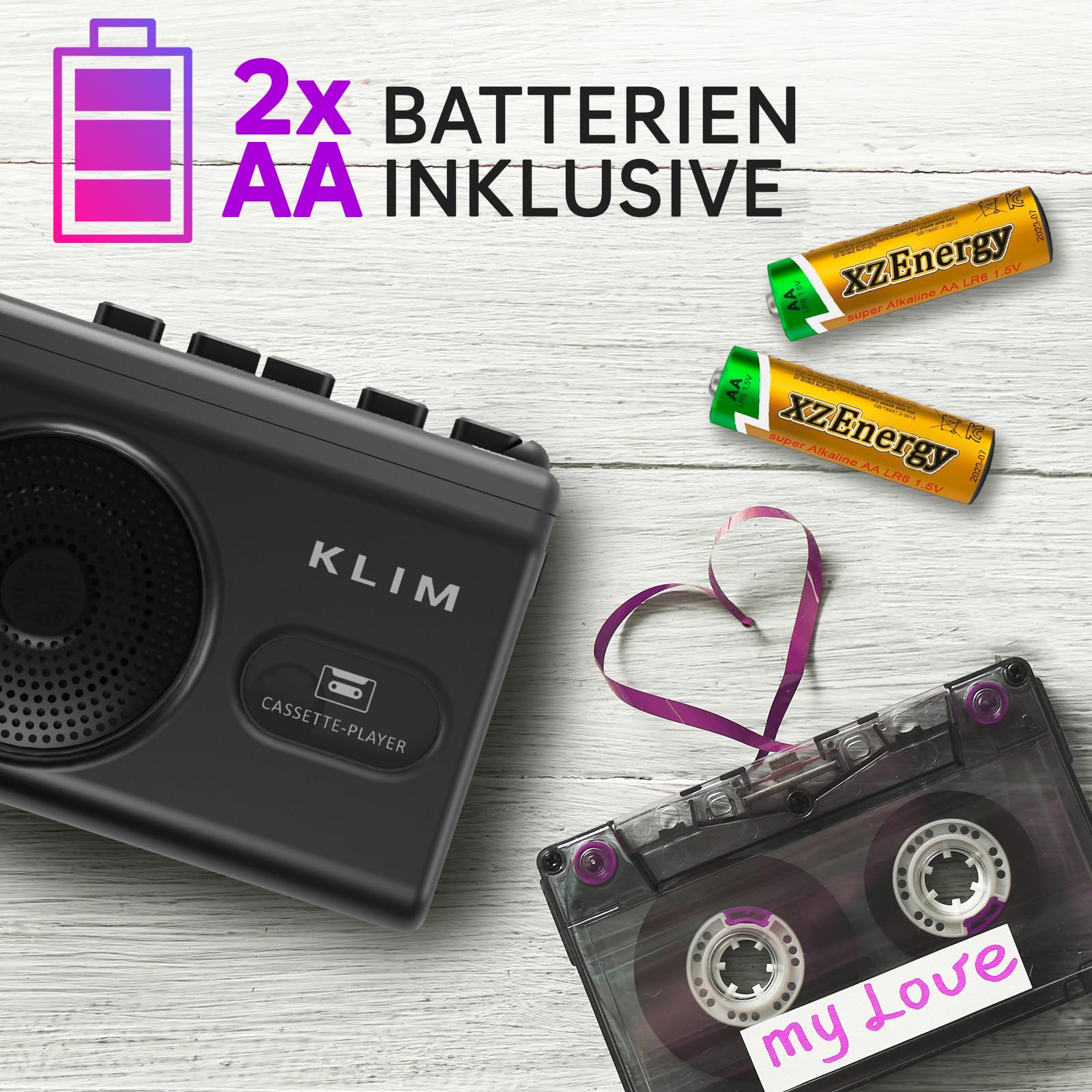 KLIM K9 Kassettenspieler – Tragbarer Cassette Player & Kassettenrecorder mit Lautsprecher, Mikrofon & Kopfhöreranschluss, Batteriebetrieben, Inkl. Kopfhörer