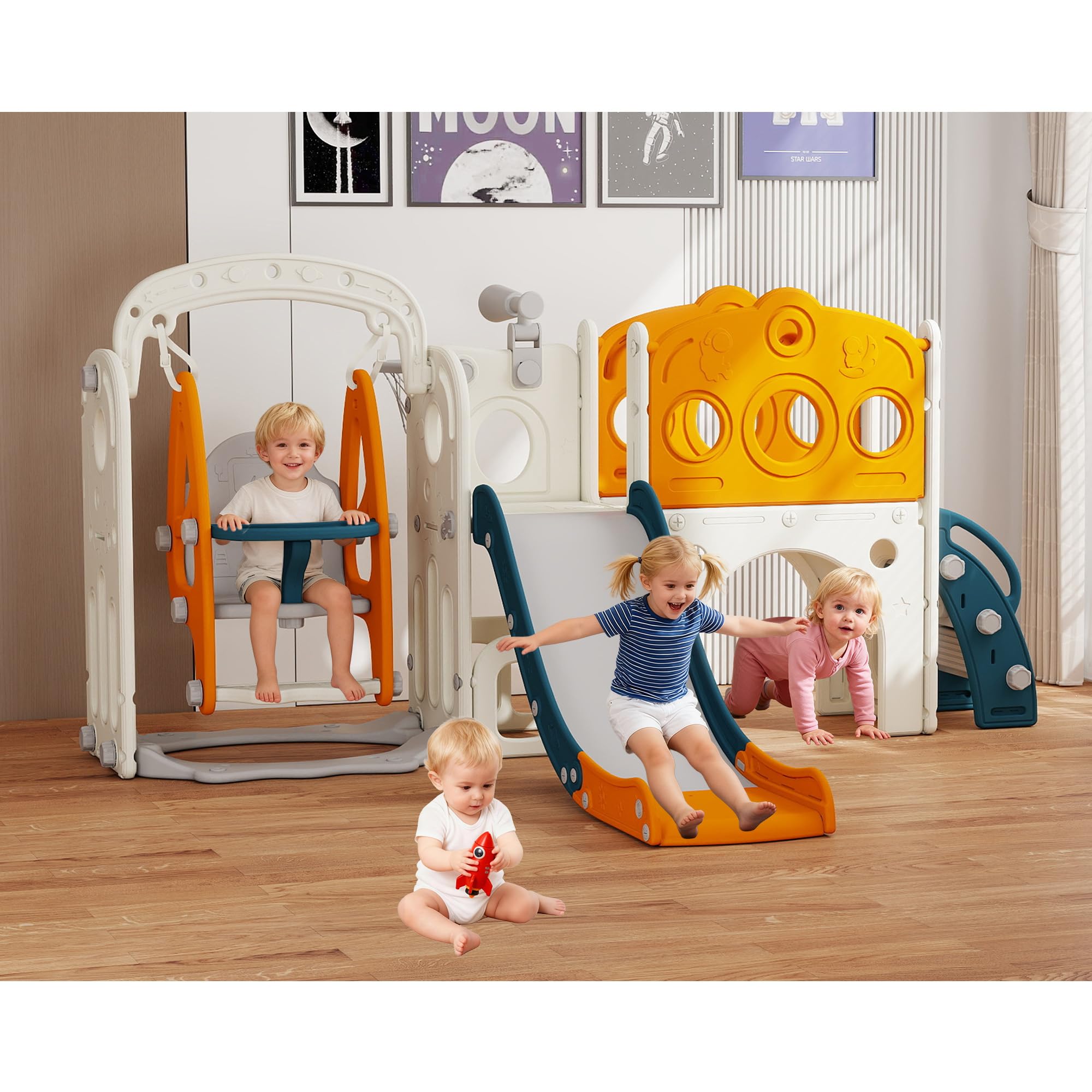 GITAWUSA 9 in 1 Toddler Slide and Swing Set, Slide for Toddlers 1-3, Kids Indoor Outdoor Playset Playground with Basketball Hoop, Telescope