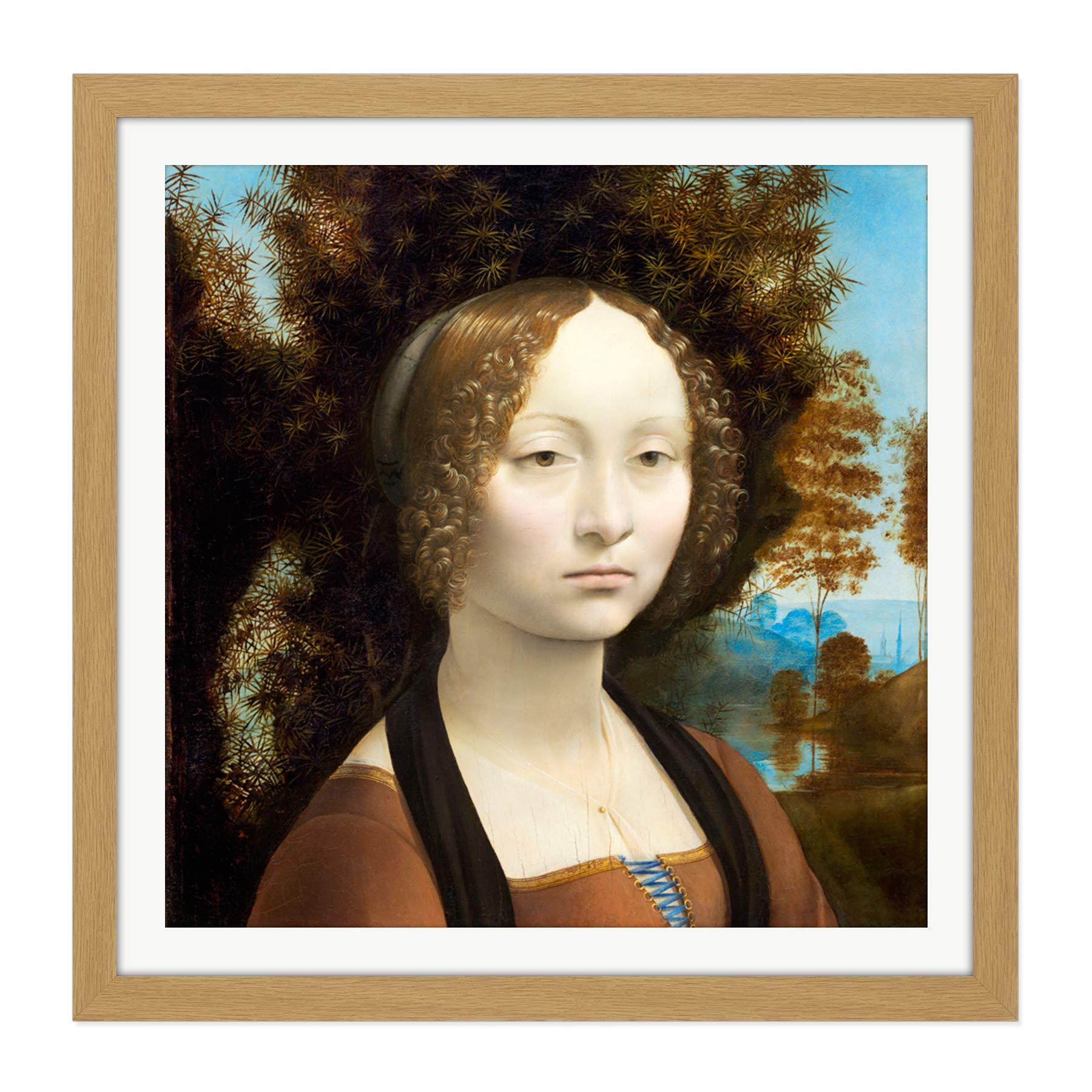 Da Vinci Ginevra De Benci Portrait Painting Square Wooden Framed Wall Art Print Picture 16X16 Inch