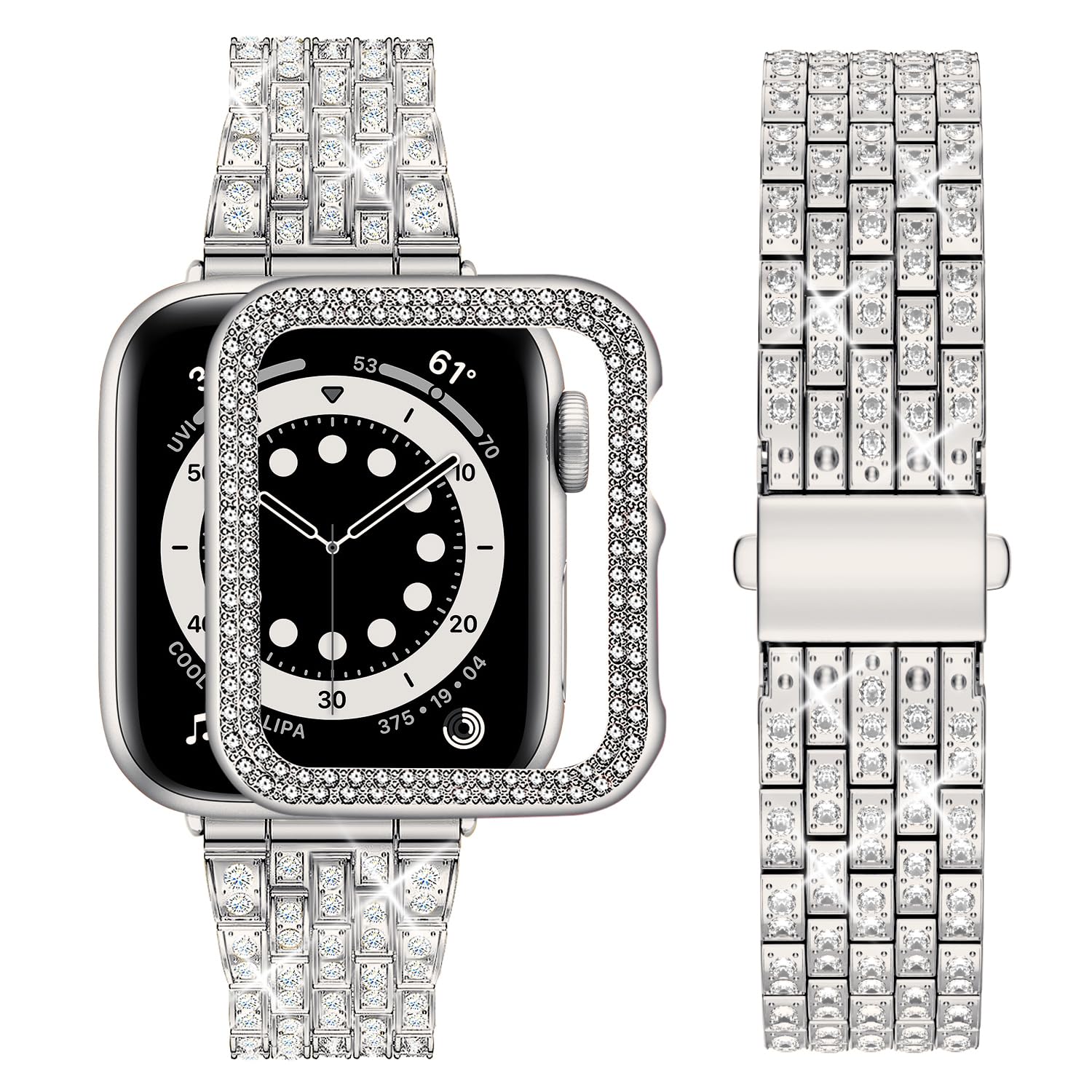 wutwuk Diamond Band with Bling Case Compatible with Apple Watch Bands for Women 41mm, Sparkly Metal Strap with Crystal Protective Bumper for iWatch SE Series 6 5 4, Starlight