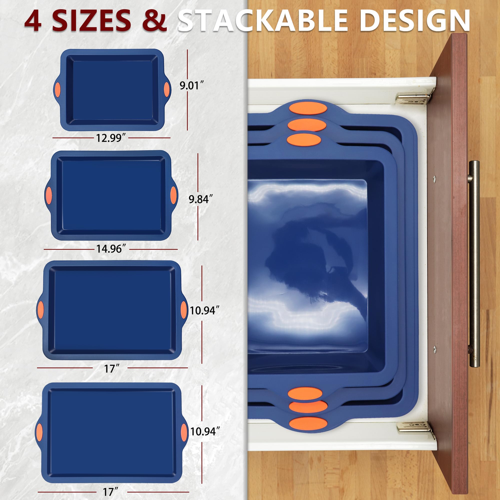 To encounter Silicone Baking Pans Set, 4 Pieces Nonstick Bakeware Set with Baking Pans, Baking Sheets, Cookie Sheets, Cake Pan with Metal Reinforced Frame More Strength, Navy Blue
