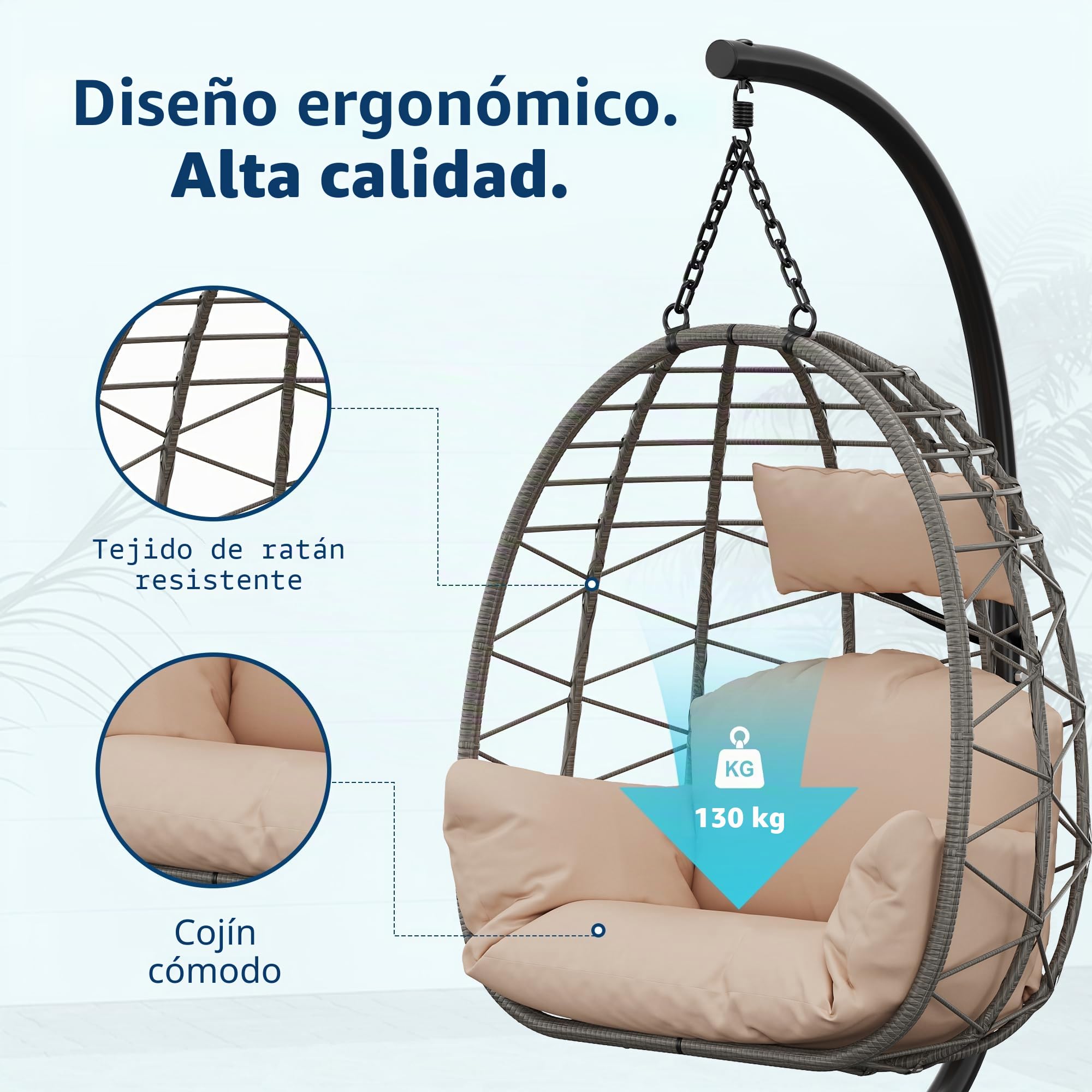 Hamaca colgante con estructura para exteriores, soporta hasta 150 kg, de ratán con estructura de metal, ideal como asiento colgante para interior, con estructura para jardín, terraza y balcón, color