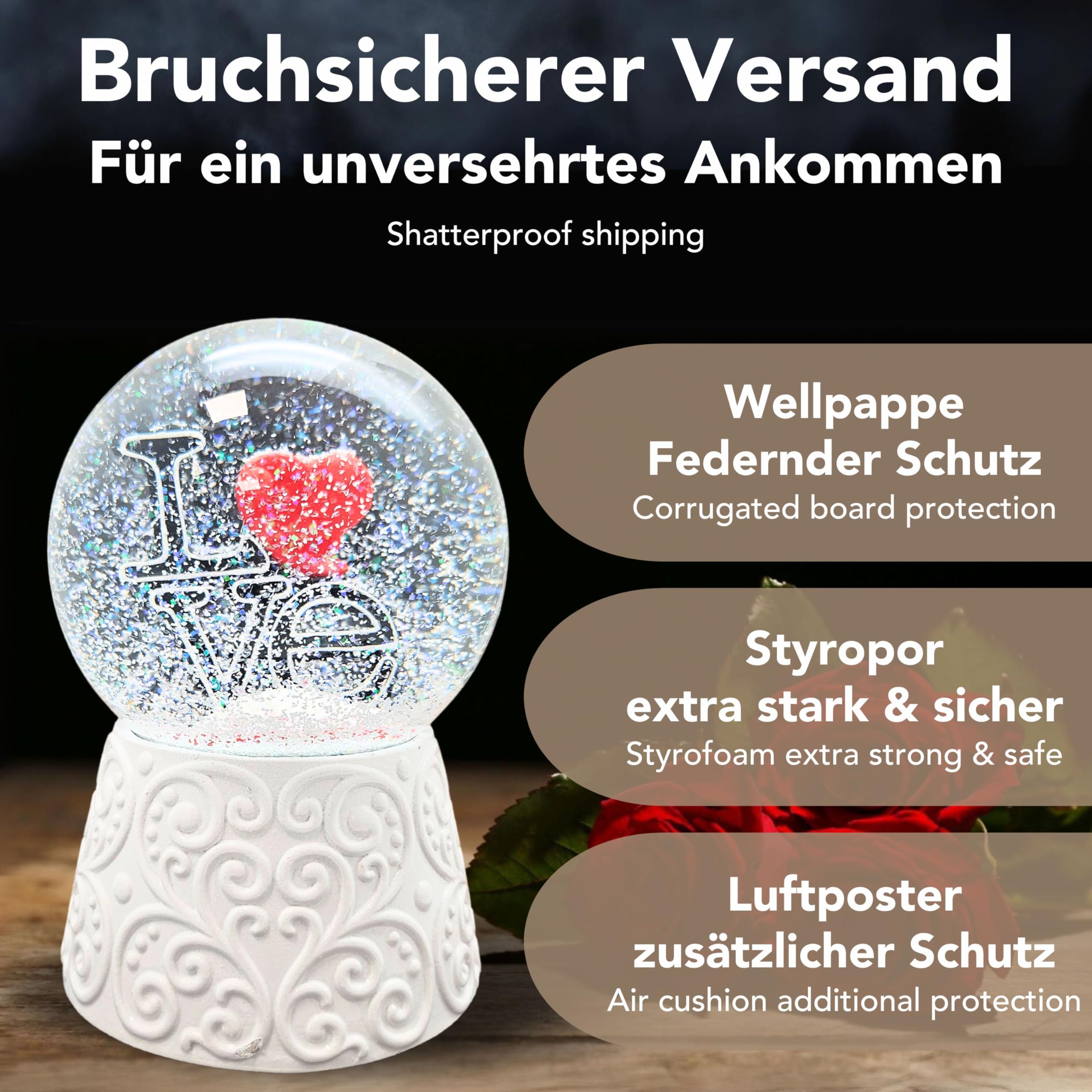 Boule à neige Love avec cœur - Inscription Love sur socle blanc - Ornements - Avec boîte à musique - Boule à secouer en verre - Hauteur : 14 cm - Largeur : 10 cm - Cadeau de Saint-Valentin, jour des