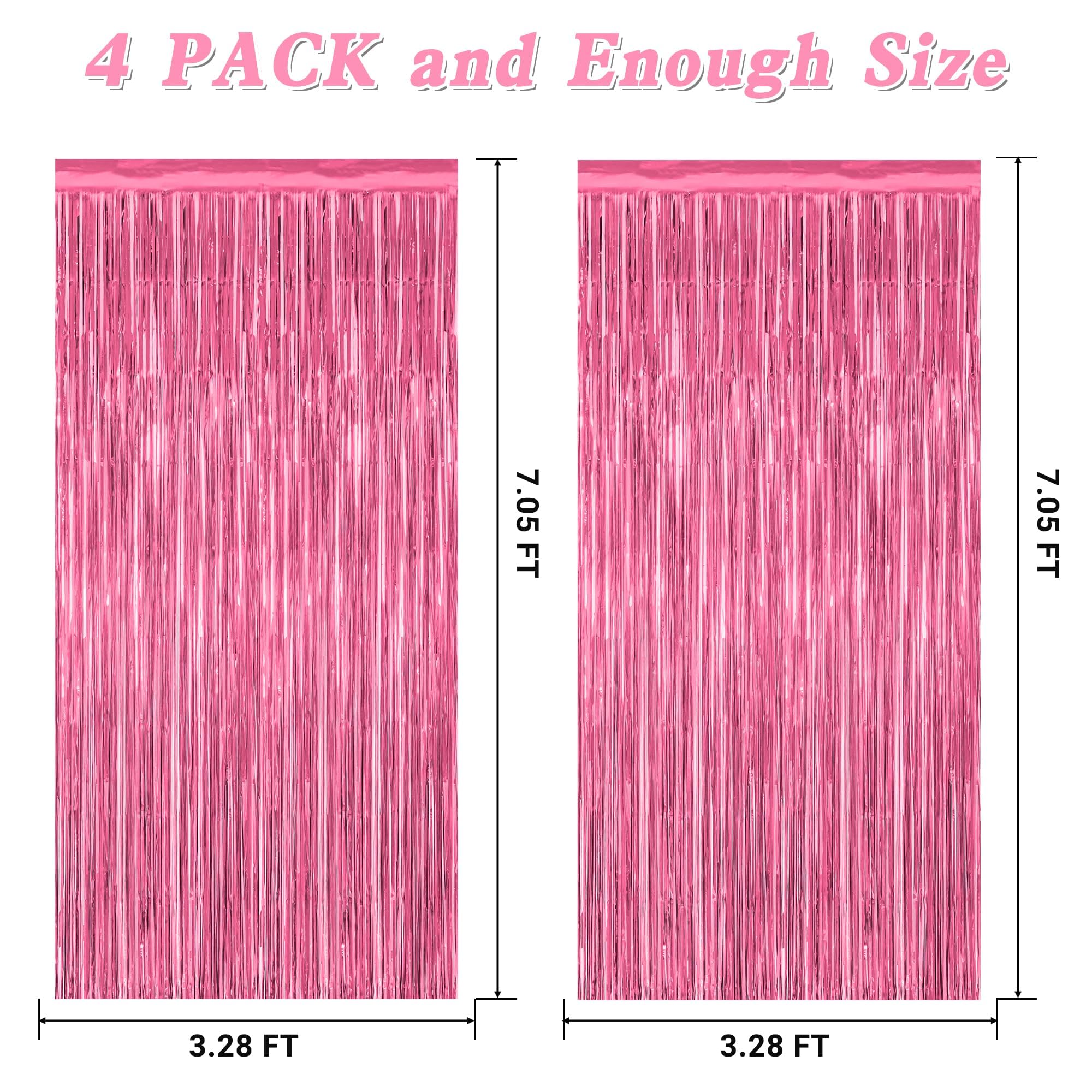 4 Pack Birthday Decorations, 3.28 FT x 7.05 FT Pink Backdrop, Metallic Happy Birthday Backdrop Fringe Curtains Party Streamer, Bachelorette Party Decorations Princes Birthday Party Decor
