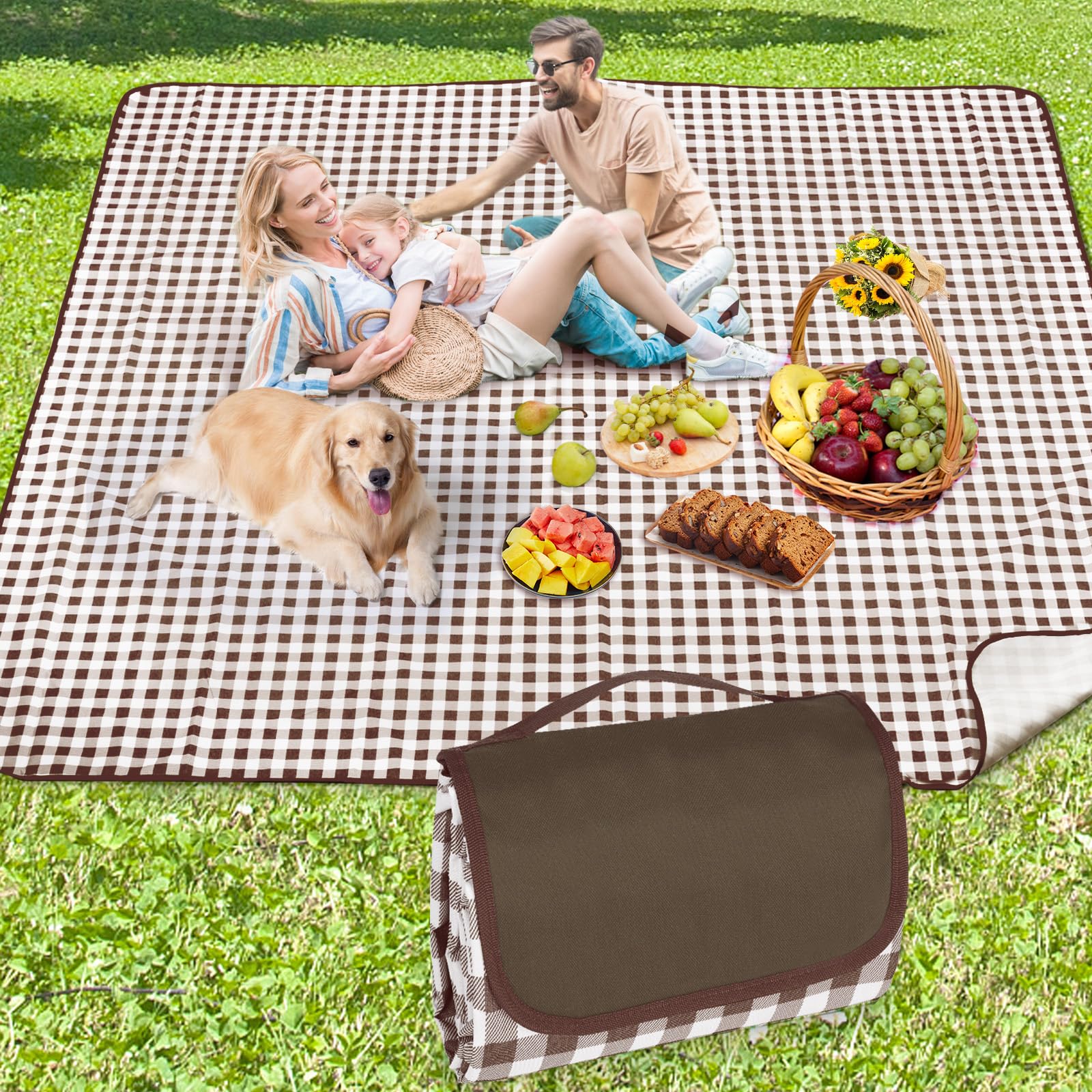 Anyiner Picknickdecke 200x200 cm, Sandfest Stranddecke Wasserdicht Campingdecke, Waschbar Leichtgewicht mit Tragegriff, Ideal für Outdoor, Camping, Strand & Familienpicknick (Braun, 300 x 200 cm)