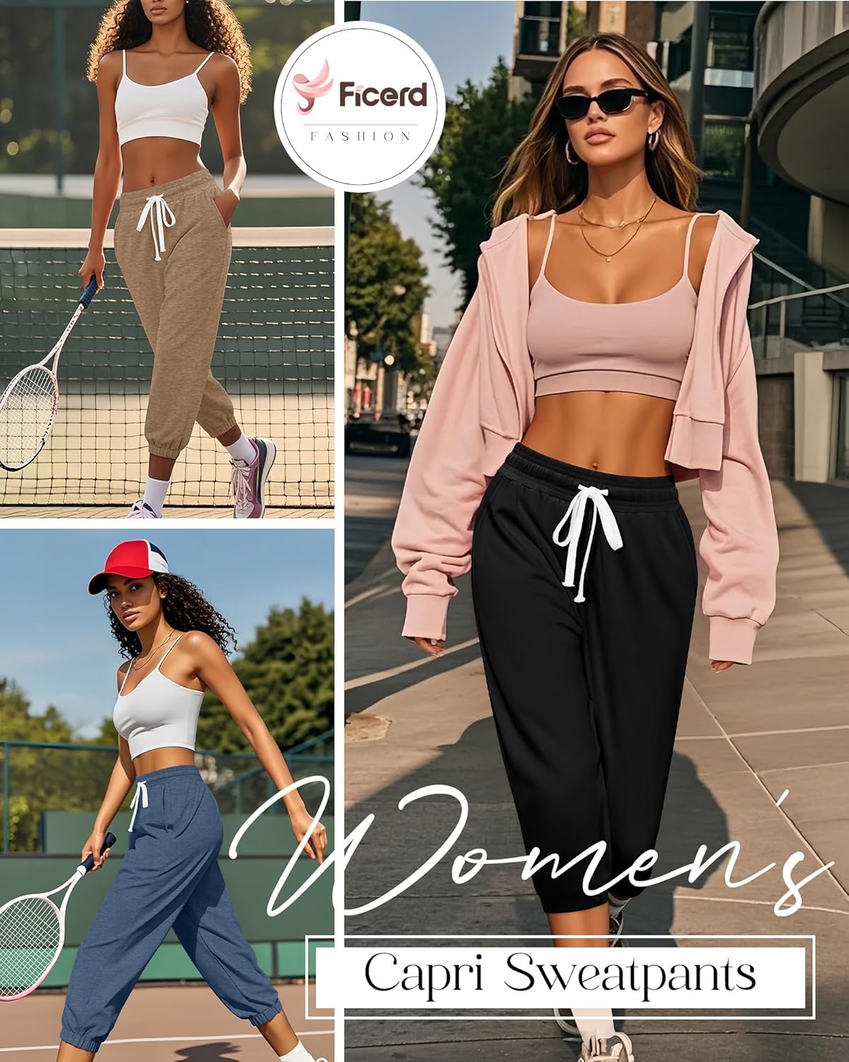 Ficerd 3 Pcs Women's Capri Sweatpants Joggers Summer Casual Sports Cropped Lounge Pants High Waisted Athletic with Pockets