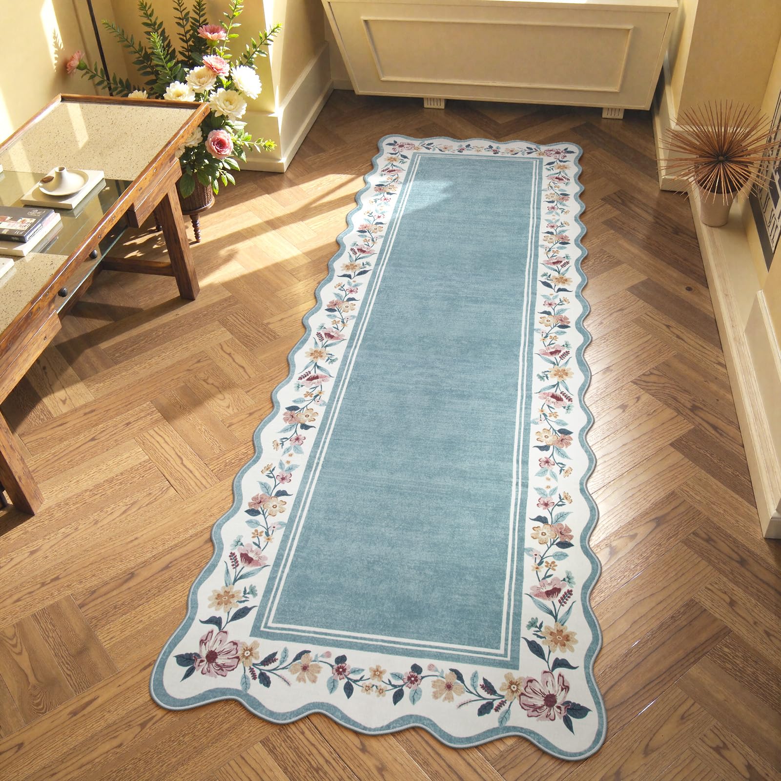 Lahome Floral Blue 2x6 Runner Rug for Hallway,Scalloped Washable Rug Runner Non Slip Kitchen Rugs Ultra-Thin Stain Resistant Boho Carpet Runner for ‎