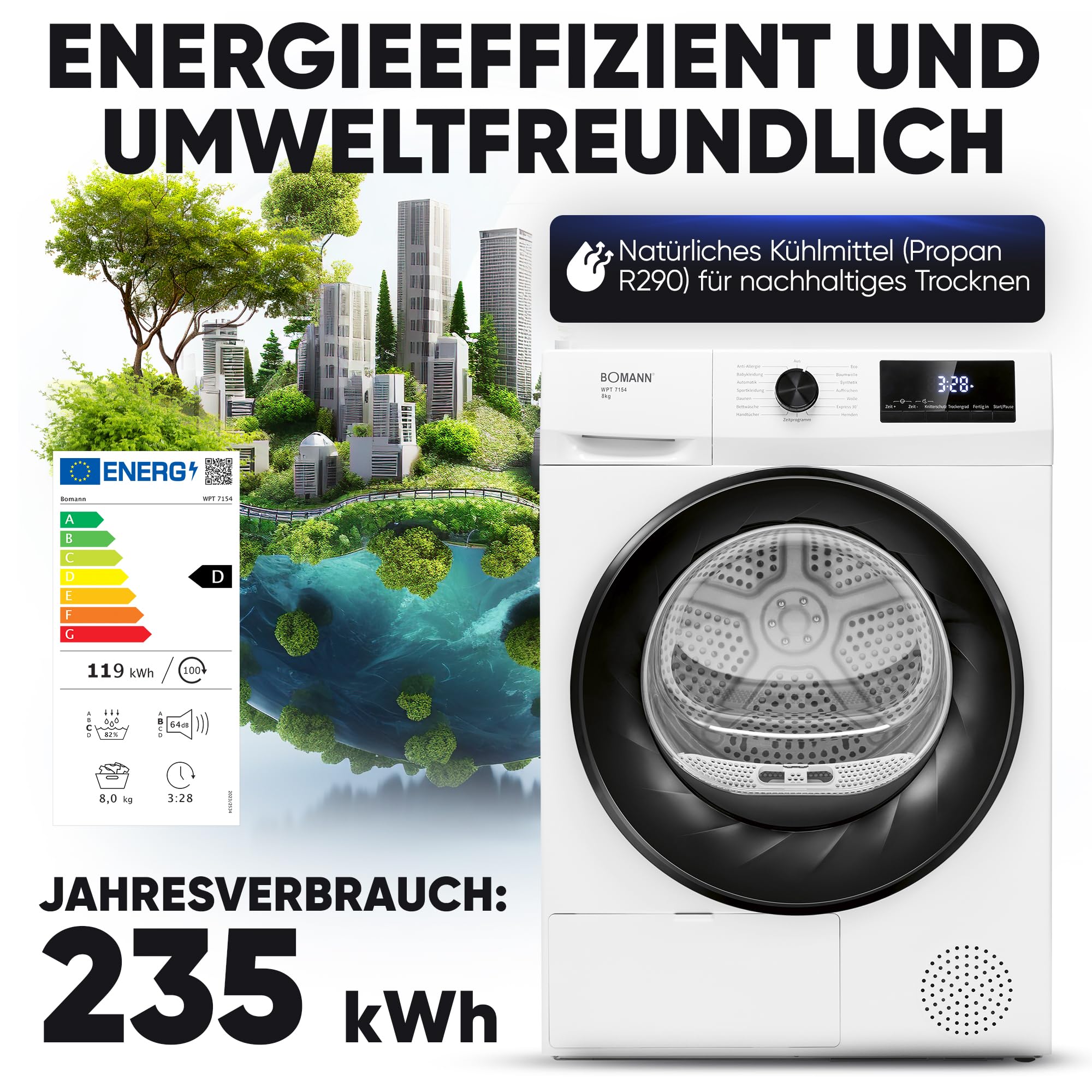 Bomann® Wärmepumpentrockner 8kg | kein Wasseranschluss nötig | Trockner m. Antiknitterfunktion | Wäschetrockner 15 Programme | Kondenstrockner | umweltfreundliches Kühlmittel R290 | WPT 7154 weiß