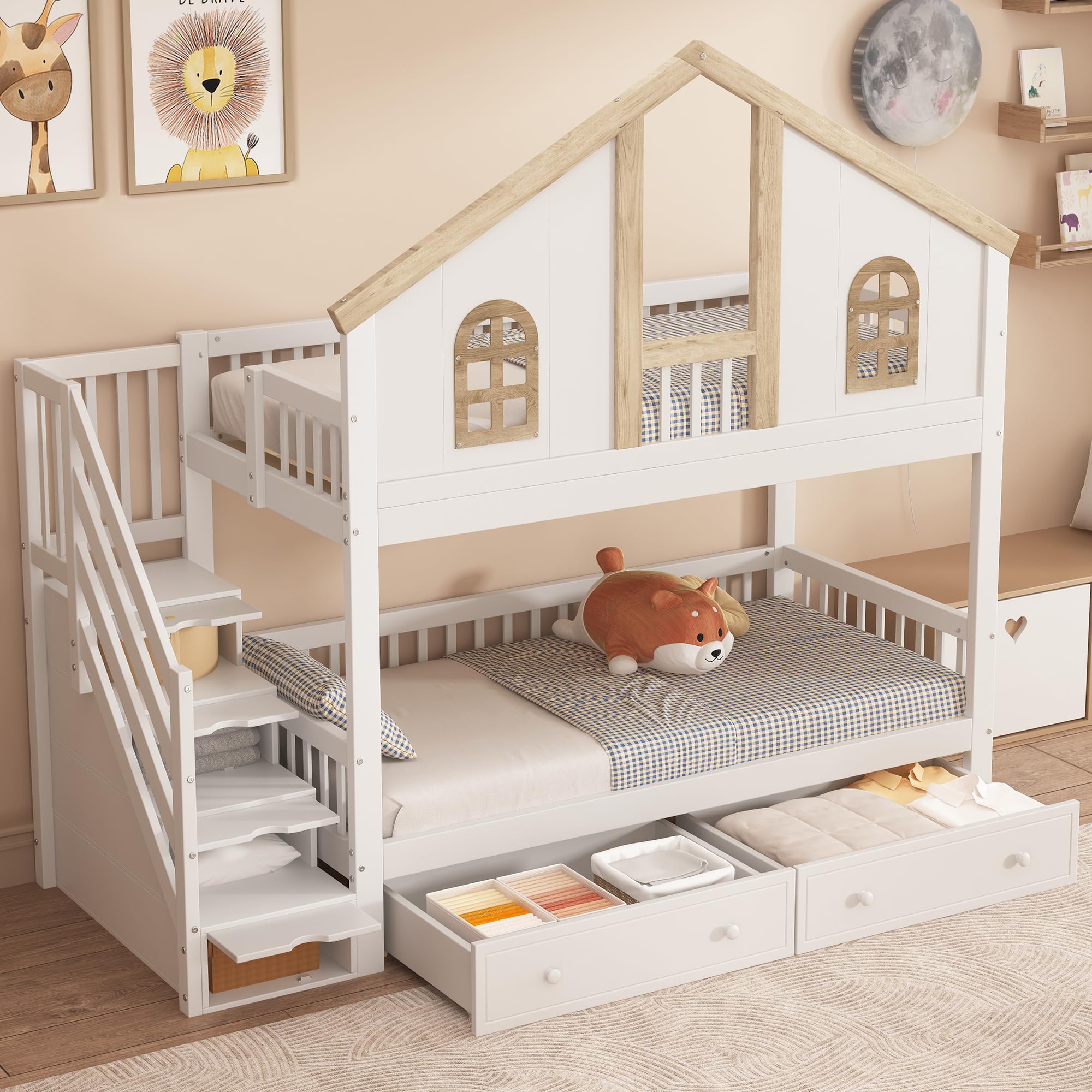 Wiuzo Lettino a castello, con rete anticaduta a contrasto con finestra, due cassetti con ruote, con scala inclinata a quattro livelli e cassetti, in pino+MDF, bianco e naturale, 90 x 200 cm