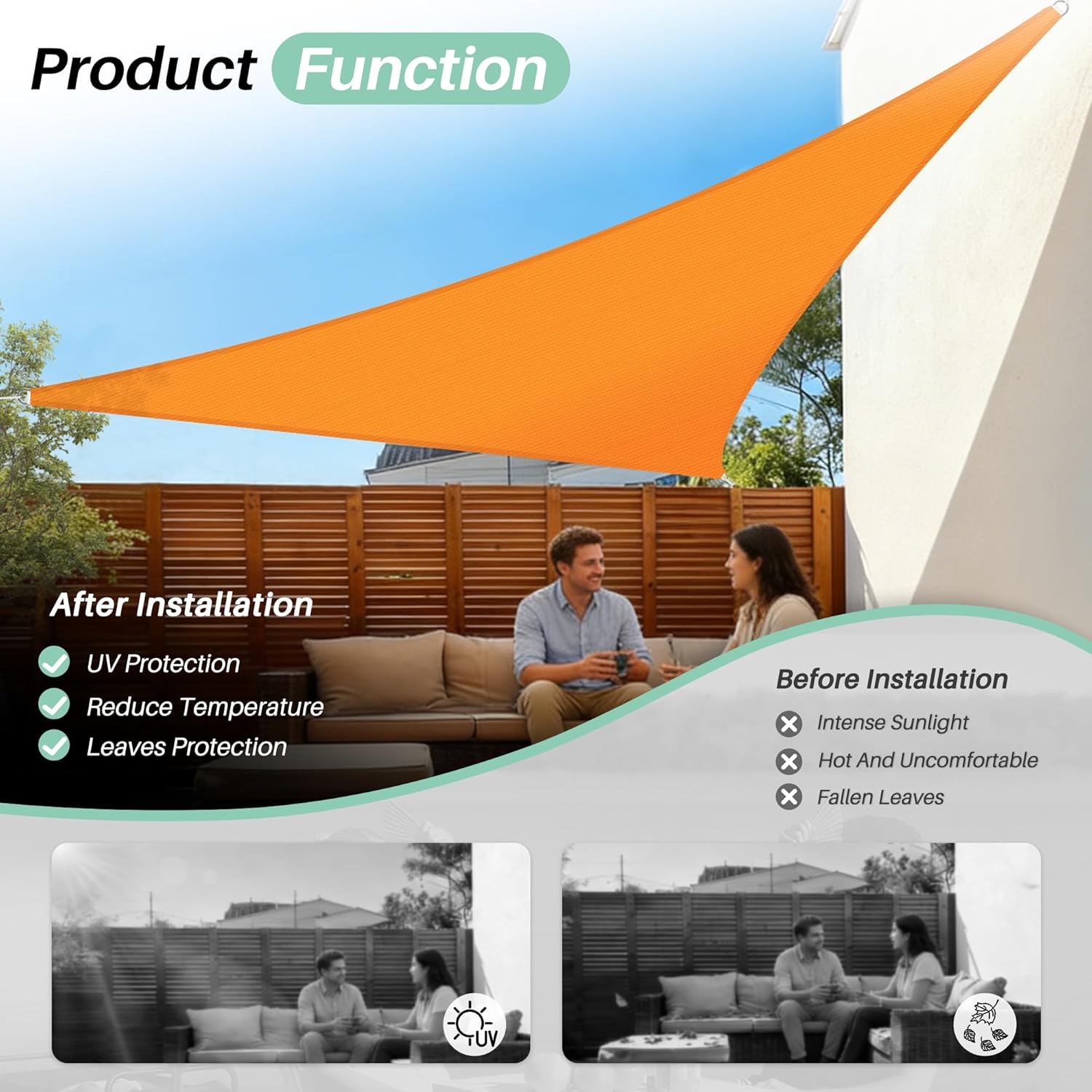 SunnyRoyal Sun Shade Sail 12' x 12' x 12' Triangle UV Block Sunshade Canopy Awning Shade Cloth for Outdoor Patio Garden Swimming Pool (Orange)