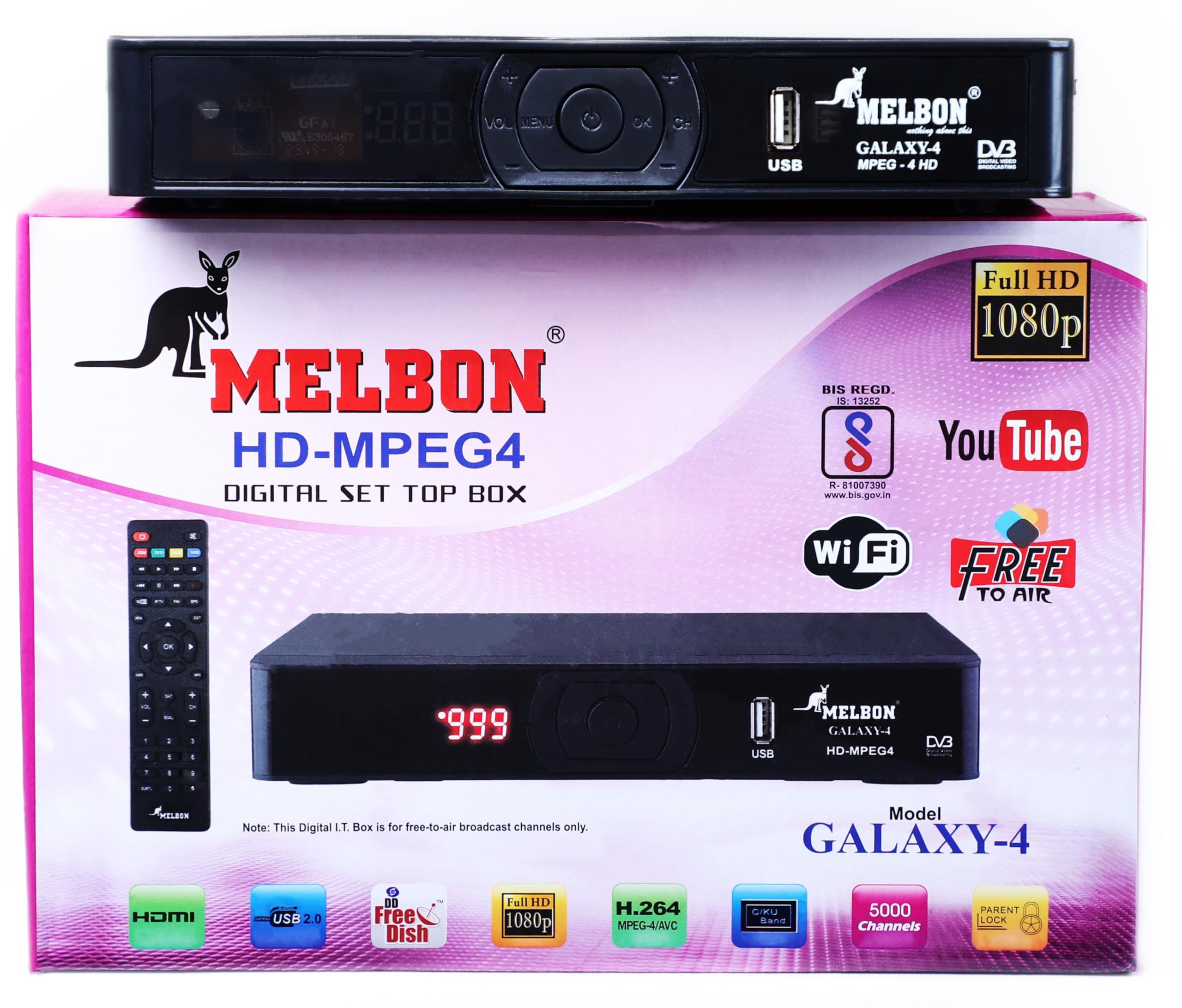 Melbonn Galaxy-4 HD-MPEG4 Digital Set TOP Box get Life time Free Channels No Monthly Charges(Black)
