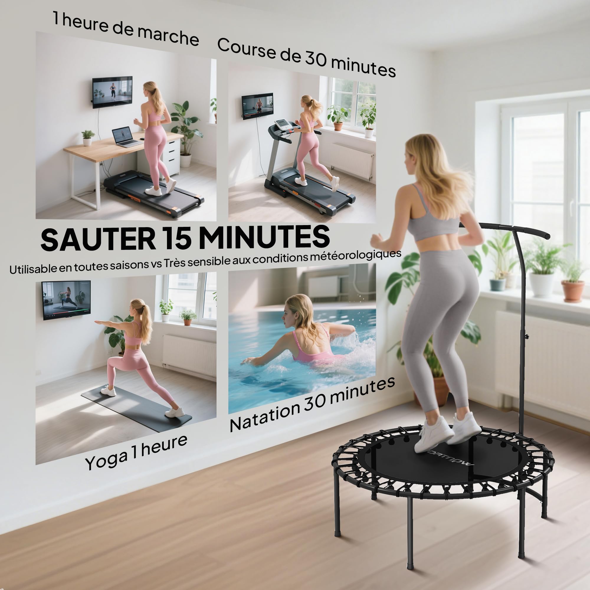 SPORTNOW Trampoline de Fitness 102 cm, Cordes Élastiques, Poignée Réglable 5 Positions, Capacité 100 kg, Cadre en Acier, Trampoline d'exercice pour Gymnastique, Entraînement, Noir