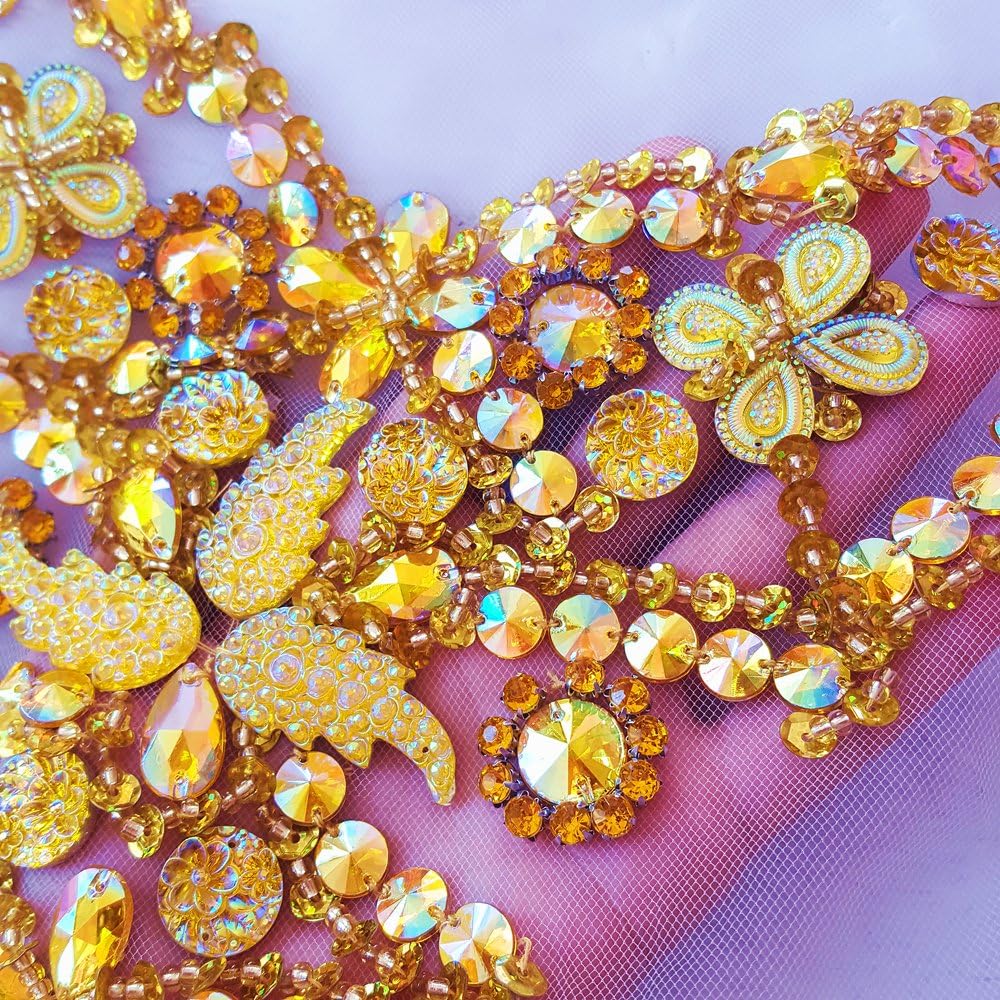 Rhinestone Crystal Trim Bridal Applique Beaded Sequin Sew On Neckline Design Patch Sewing for Wedding Collar Dresses DIY Decoration 28x30cm (Yellow)