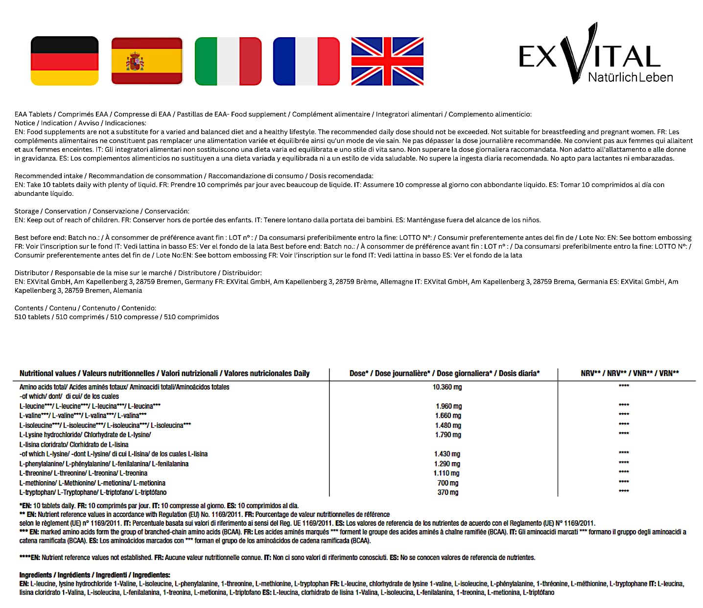 EXVital® EAA Aminoacidi Essenziali con 1036 mg per compressa - 510 compresse, Tutti gli 8 aminoacidi essenziali EAA - Multi Amino altamente dosati - Vegano - Prodotto in Germania- Senza additivi