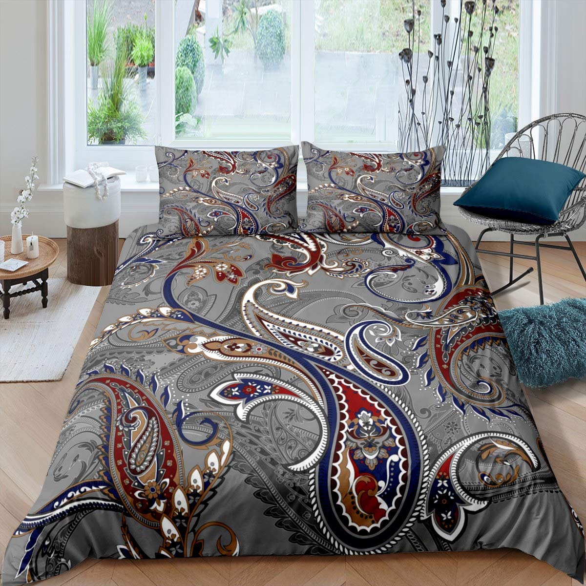 Loussiesd Boho Paisley Print Bedding Set Bohemian Style Comforter Cover for Girls Women Indian Design Duvet Cover Breathable Exotic Floral Bedspread Room Decor Quilt Cover Single Size