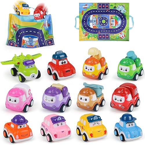 ZMZS Juguetes para niños de 1 año, regalo de cumpleaños, juego de mini camión de tracción para bebés de 12 a 18 meses, 12 piezas de autos de juguete
