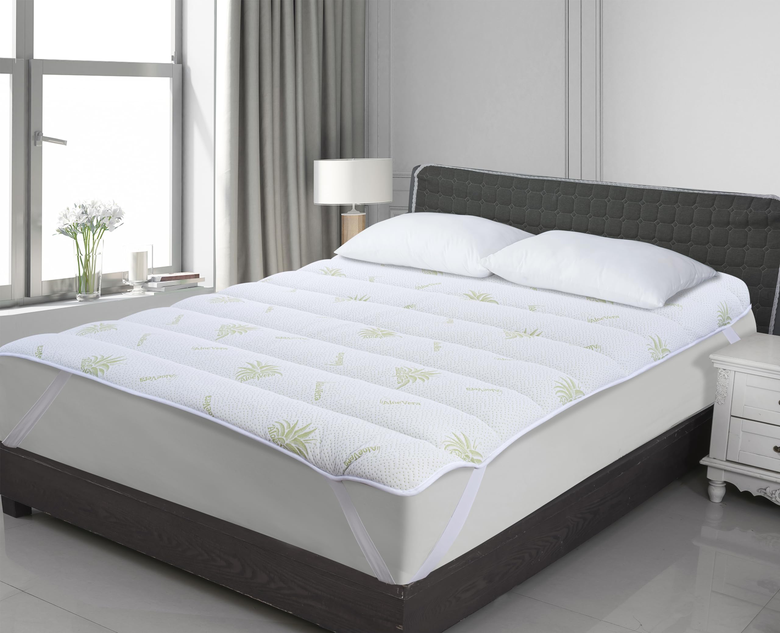 Topper Matrimoniale 180 x 200 Aloe Vera Correttore Materasso Anallergico Fresco e Traspirante in Microfibra con Elastici Extra Morbido (Matrimoniale)