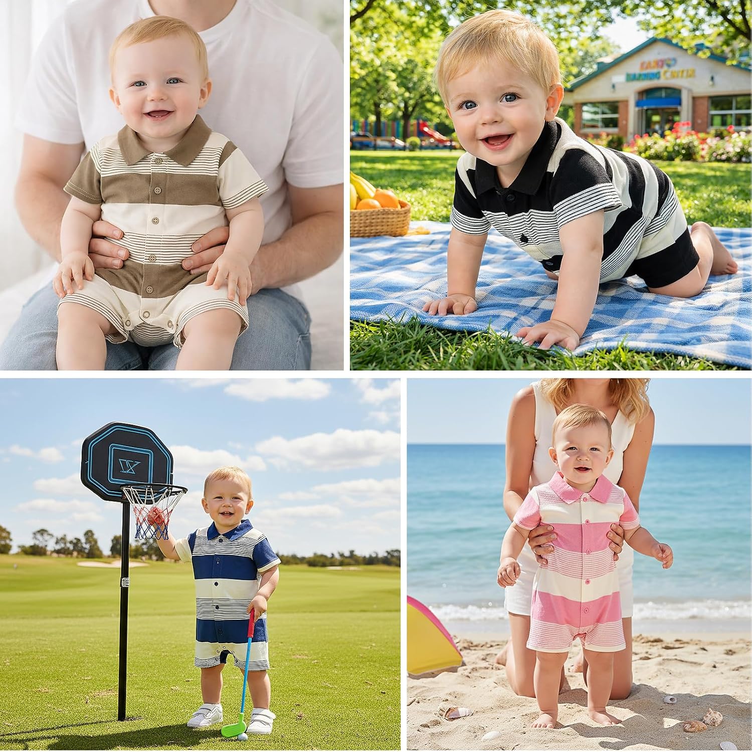 DEFAHN Baby Boy Polo Striped Rompers Pique Short Sleeve Collared Gentleman Outfit One Piece Summer Infant Clothes 0-24 Months