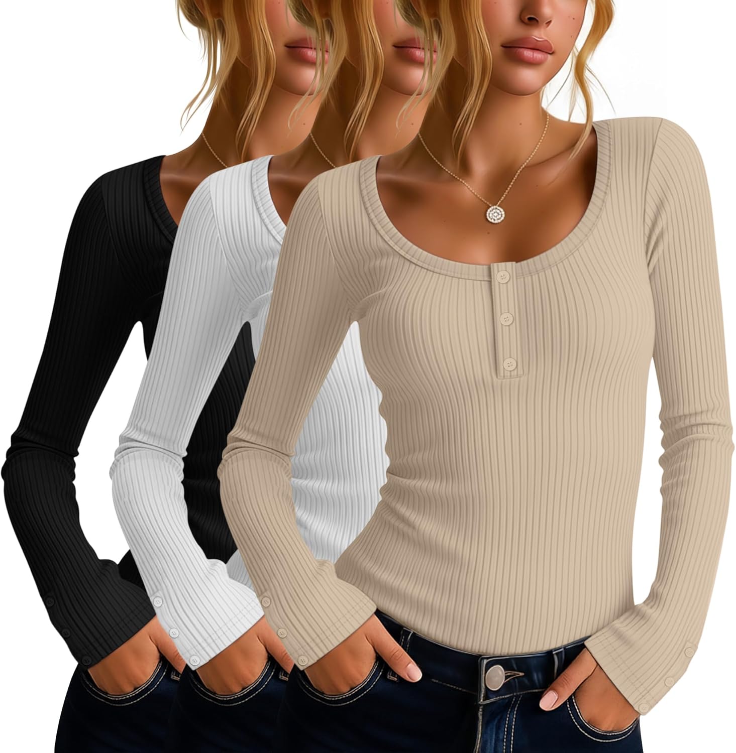 3 Pack Women's Long Sleeve Henley T Shirts Button Down Scoop Neck Slim Fit Ribbed Knit Casual Clothes Layer Tops