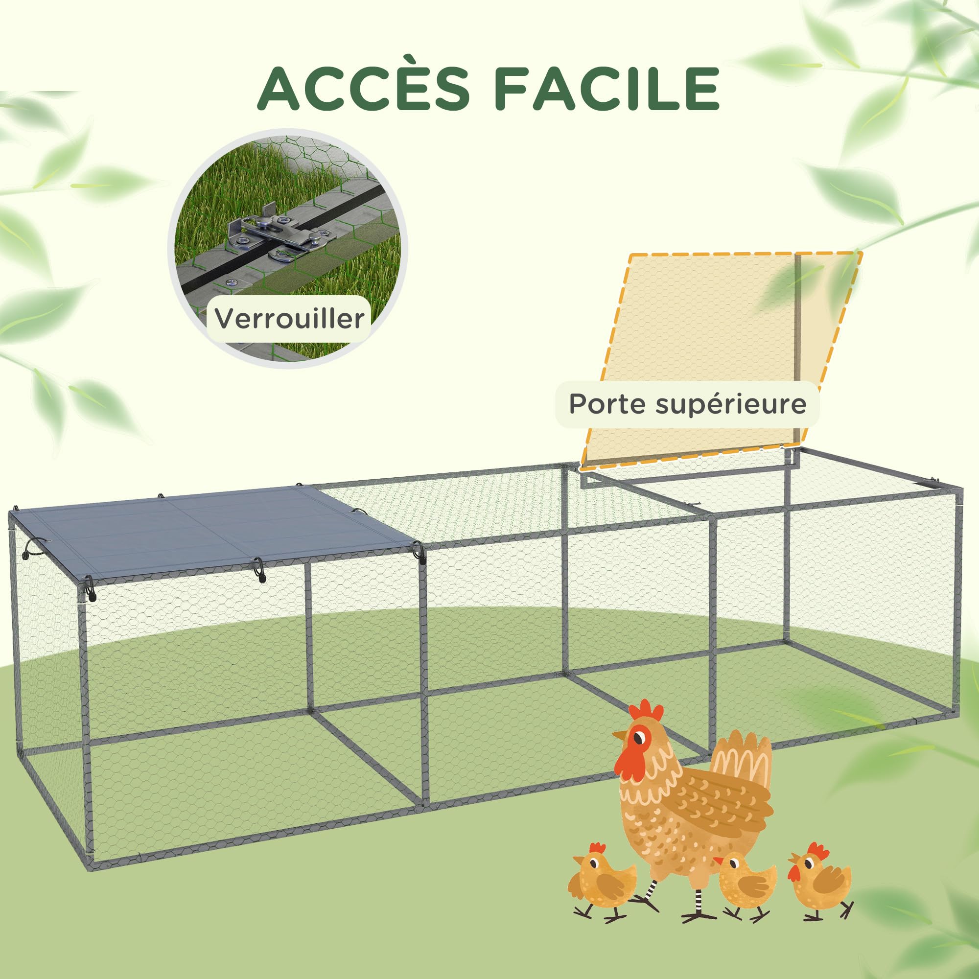 PawHut Enclos Poulailler Extérieur 3 m² pour Petits Animaux 3 x 1 x 0,8 m | Cage Clapier, Acier Galvanisé, 1 Porte Supérieure, Espace Couvert Bâche