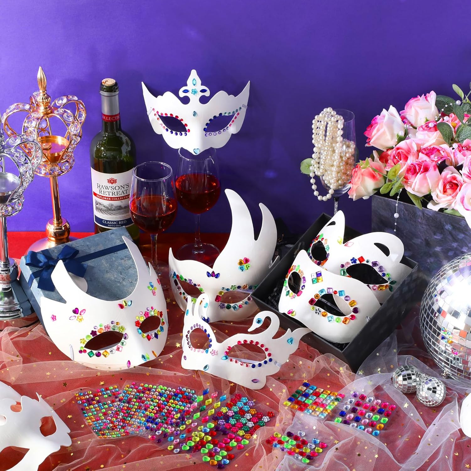 Leyndo Paper Mache Art Mask White Craft Masquerade Masks and Gem Stickers DIY Blank Mardi Gras Halloween Cosplay Party
