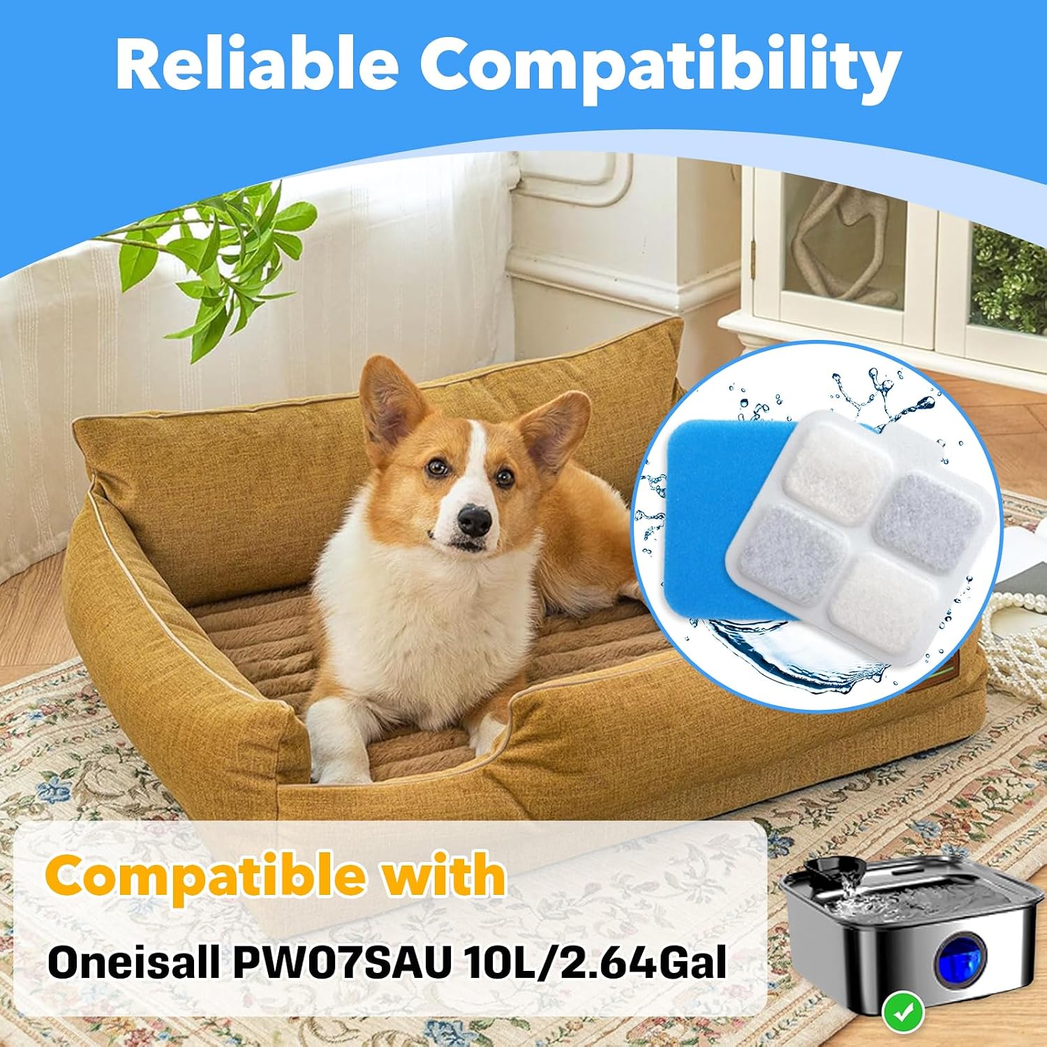 16-Pack Dog Water Fountain Filter Cmpatible with Oneisall PW07SAU 10L/2.64Gal, 16 Filters, 16 Pre-Filters & 16 Pump Sponges - High-Performance Multilayer Filtration，Clean & Safe Drinking Water for Dog