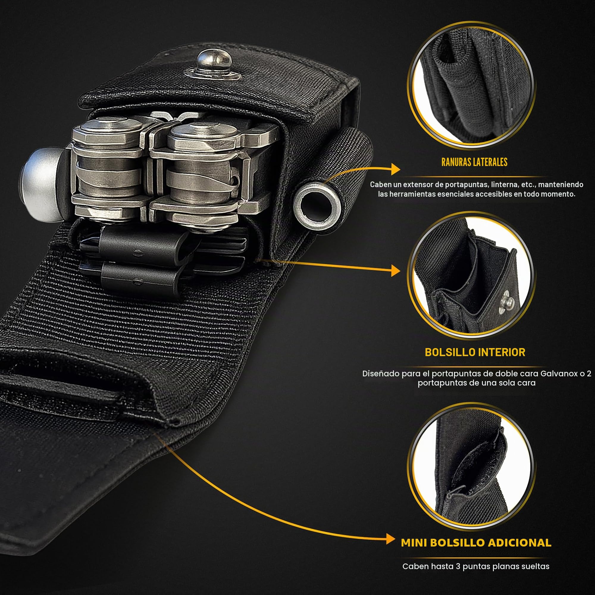Galvanox Funda de Nailon para multiherramientas con 21 Puntas de Destornillador de Extremo Plano y Soporte, Funda para cinturón con Bolsillos y Juego de Puntas incluidos, Compatible con Leatherman (4