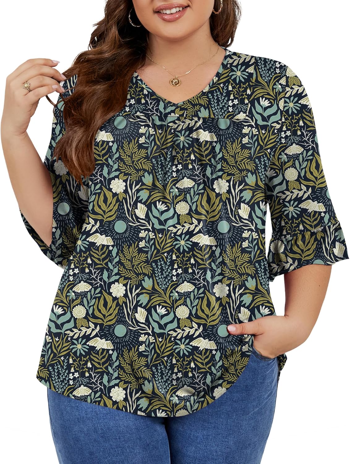 Micoson Womens Plus Size Tops 3/4 Ruffle Sleeve Shirt Casual V Neck Pleated T Shirt Loose Fit Tunic Blouse(1X-5X) - Image 2