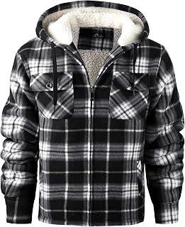 Mens Plaid Shirts Jacket Fleece Lined Flannel Shirts Sherpa Zip Up Jackets with Hood for Men