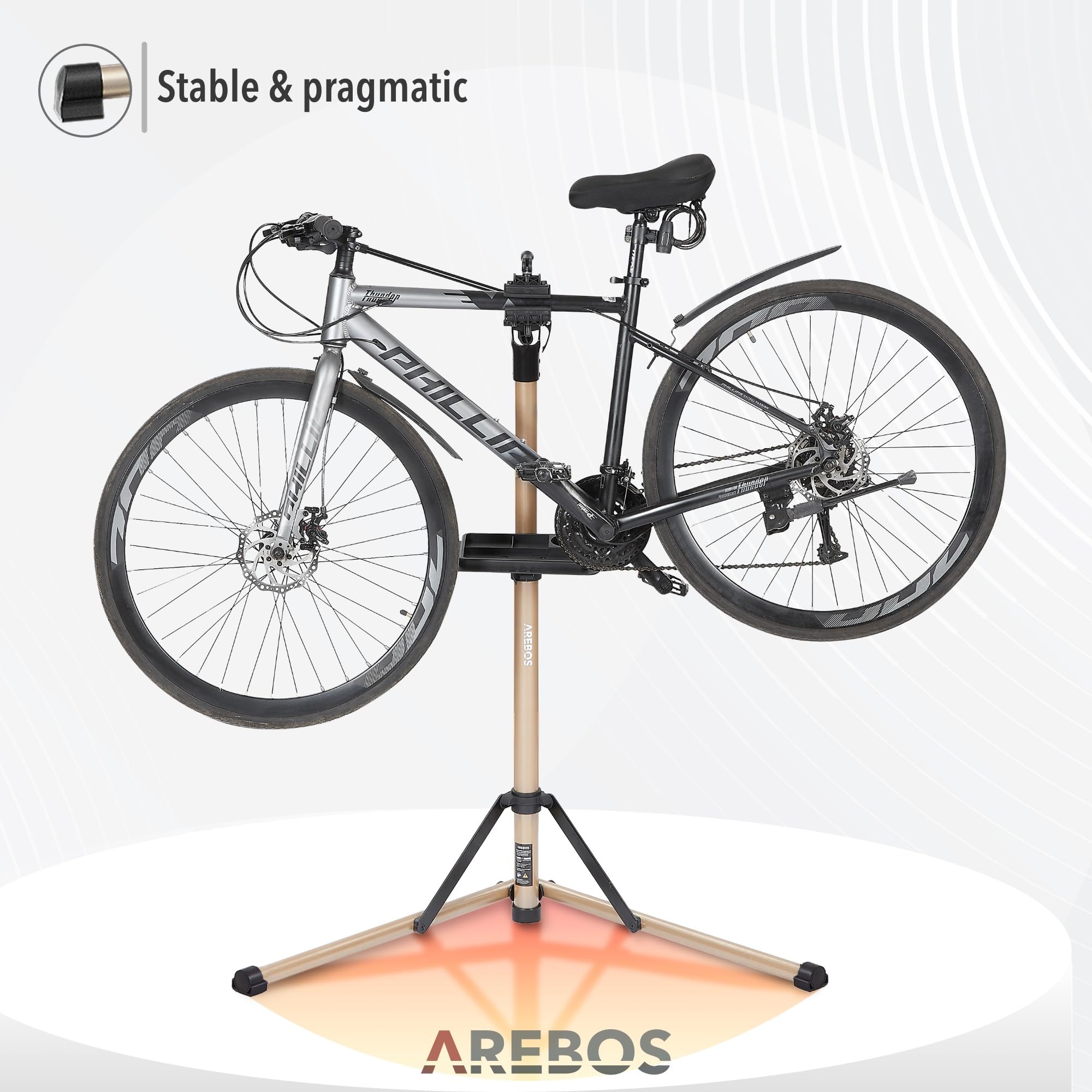 Arebos Stojak montażowy do rowerów z aluminium – profesjonalny stojak naprawczy do rowerów elektrycznych, rowerów górskich i rowerów, obracany o 360°, z torbą i mechanizmem szybkiego zwalniania, kolor