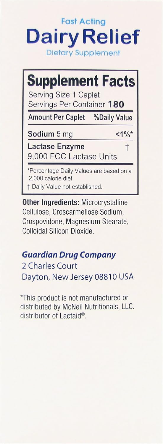 guardian Dairy Relief Fast Acting Lactase, 360 Caplets, 9000 FCC Maximum Strength, Lactose Intolerance Pills, Lactase Enzyme Supplement (360 CT) - Image 6