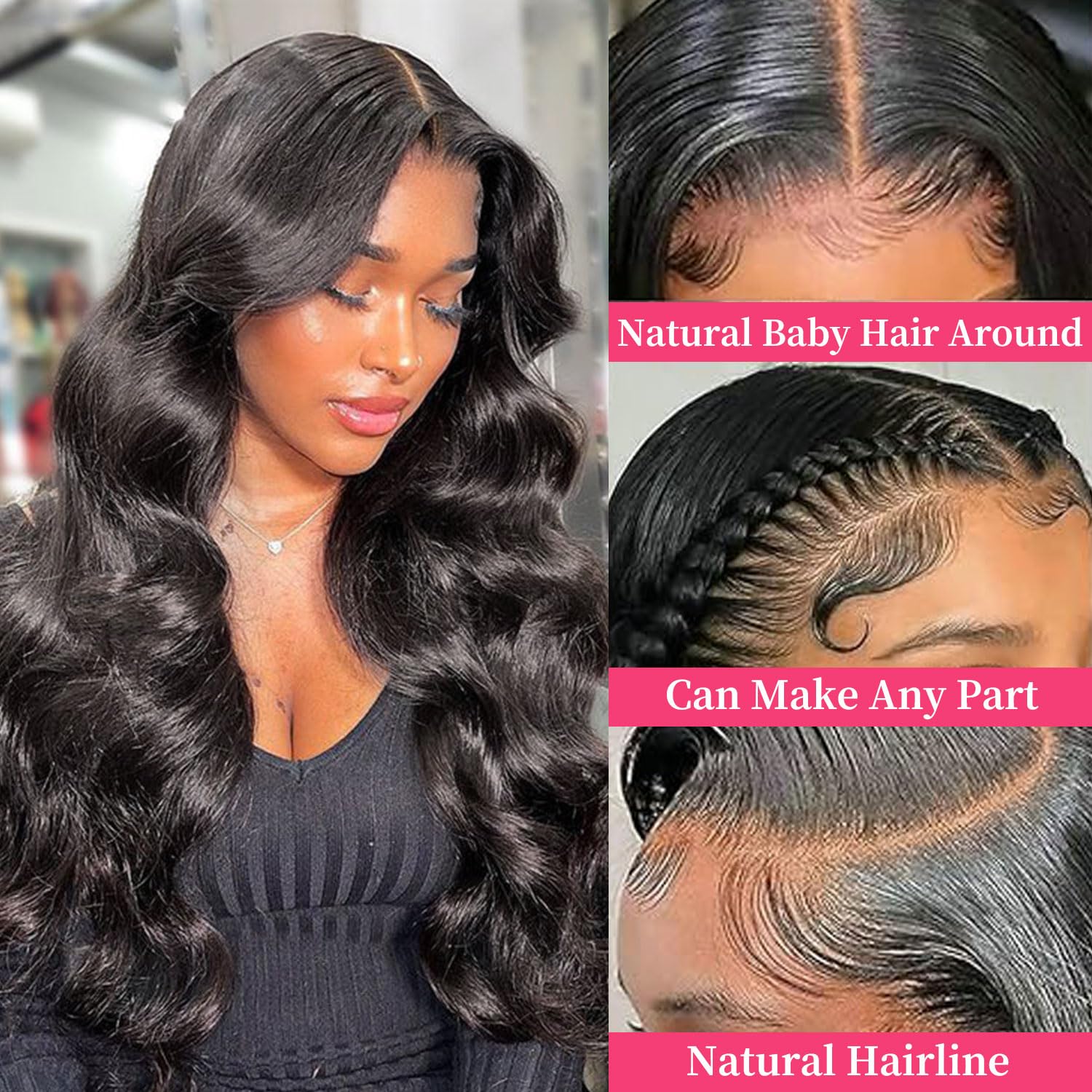 Wepwcod 13X4 Lace Front Wigs Human Hair Body Wave Human Hair Wig HD Lace Frontal Glueless Wigs Human Hair Pre Plucked Bleached Knots with Baby Hair Natural Black (Natural Color Body Wig - Image 2