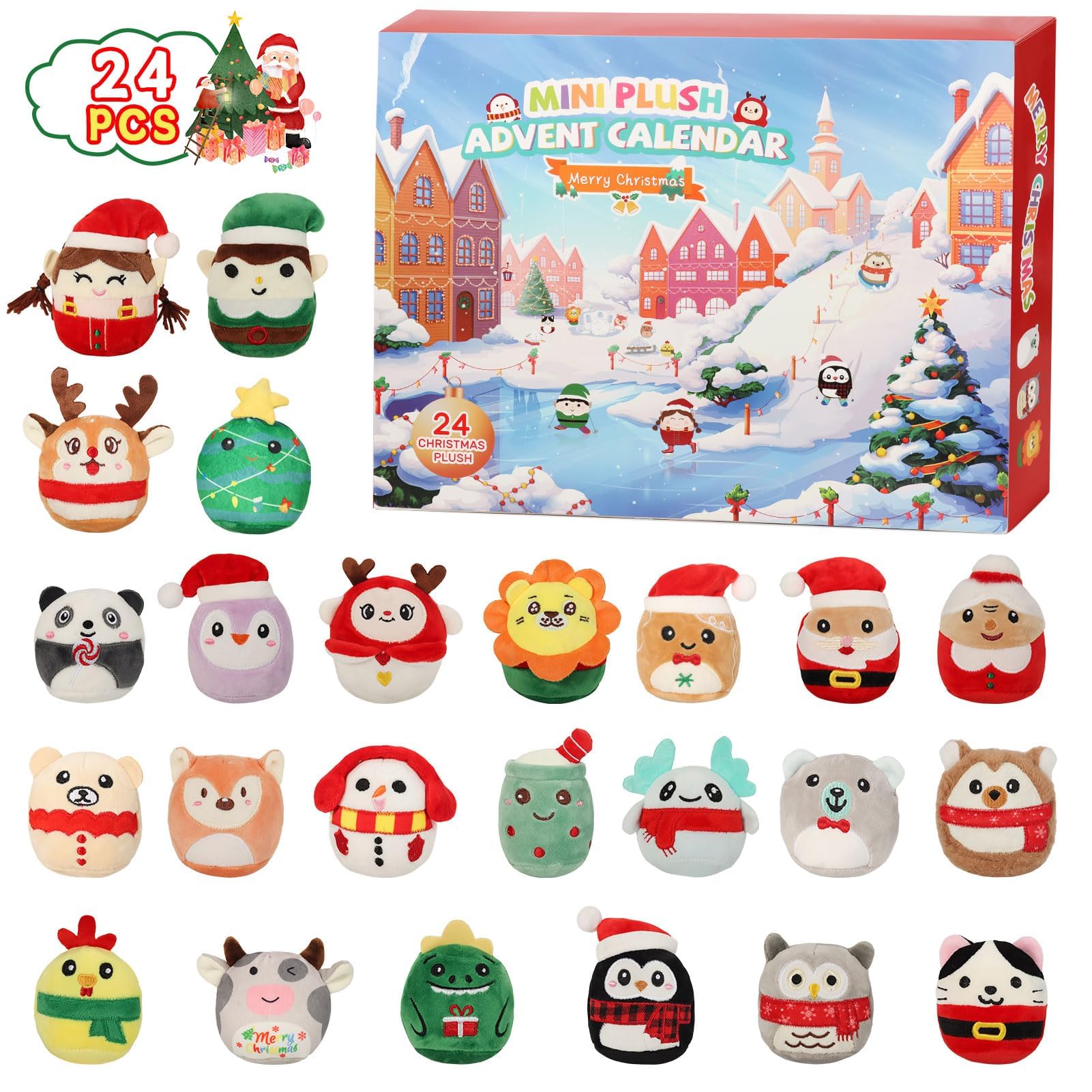Advent Calendar 2025 with Cute Plush Toys - 24 Days Surprise Plush Advent Calendar Contains 24 Collectible 3.15in Kawaii Squishy Plushies, Soft Mini Stuffed Animal Christmas Gift for Kids Teen Boys Girls Adult